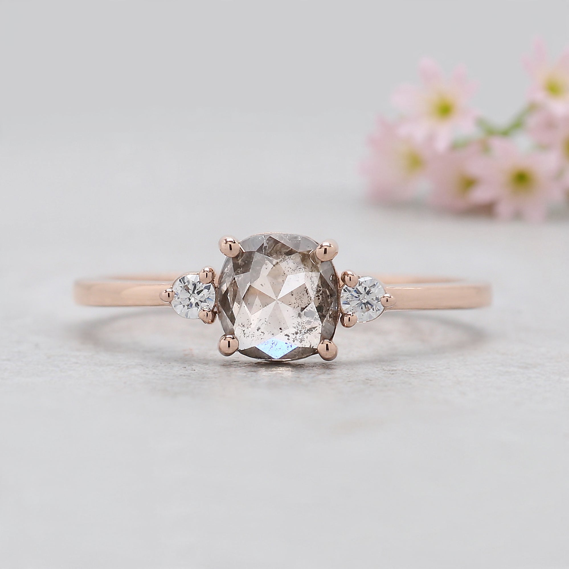 Cushion Cut Salt and Pepper Diamond Ring Natural Diamond Engagement Ring 14K Rose Gold Silver Rustic Unique Bridal Ring Gift for Her KDL533