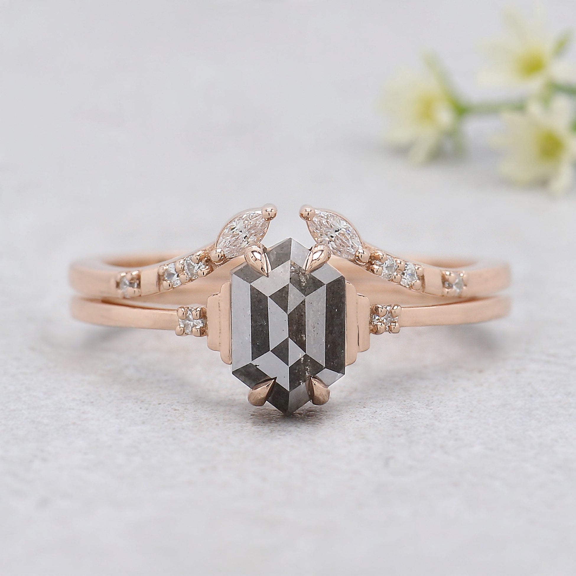 1.06 Ct Natural Hexagon Salt And Pepper Diamond Ring 7.70 MM Hexagon Cut Diamond Ring 14K Solid Rose Gold Silver Engagement Ring Set KDN7118