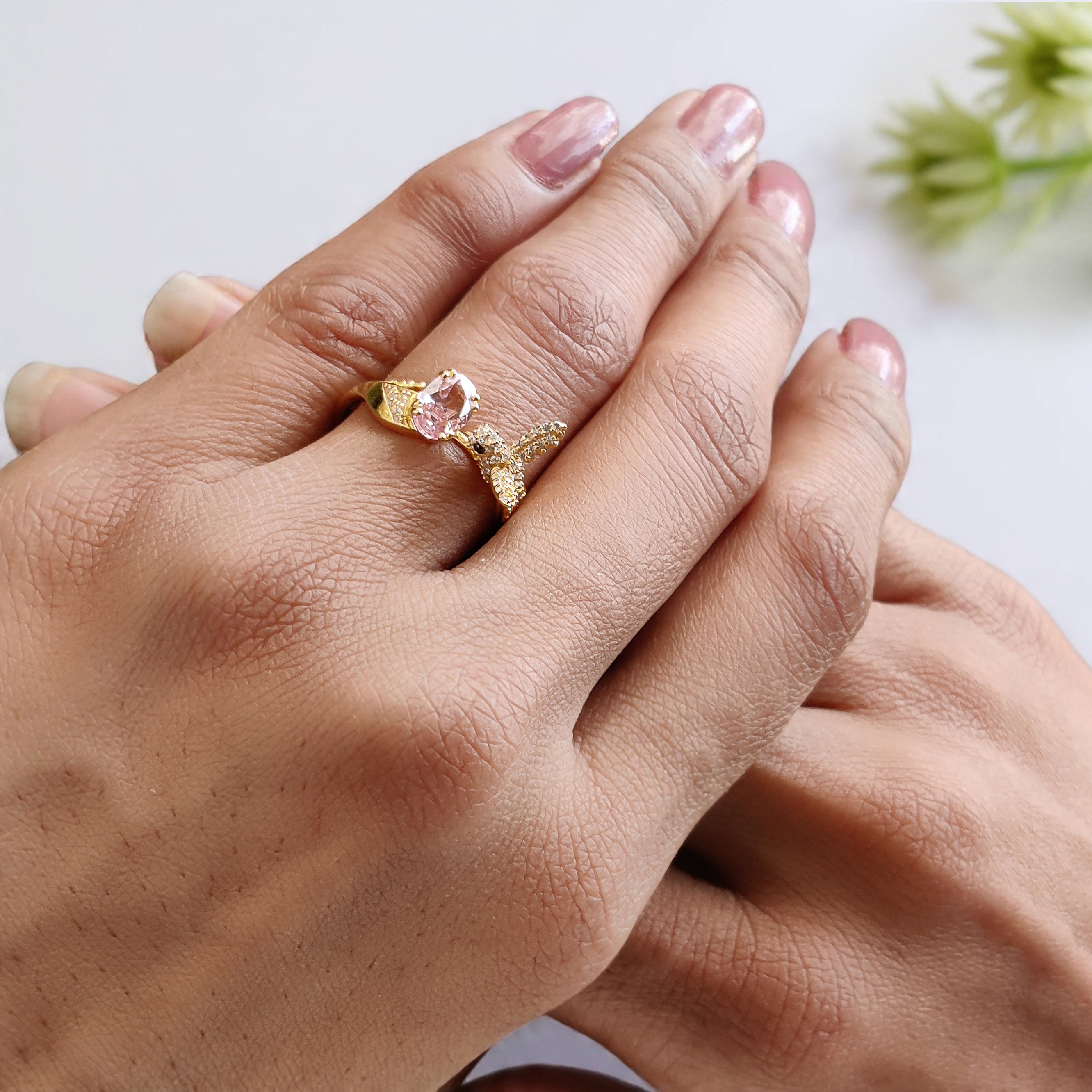 Oval Diamond Bird Ring Simulated Diamond Engagement Ring Yellow Plated Ring Anniversary Ring Simulant Pink Oval ring Gift For Her FD532