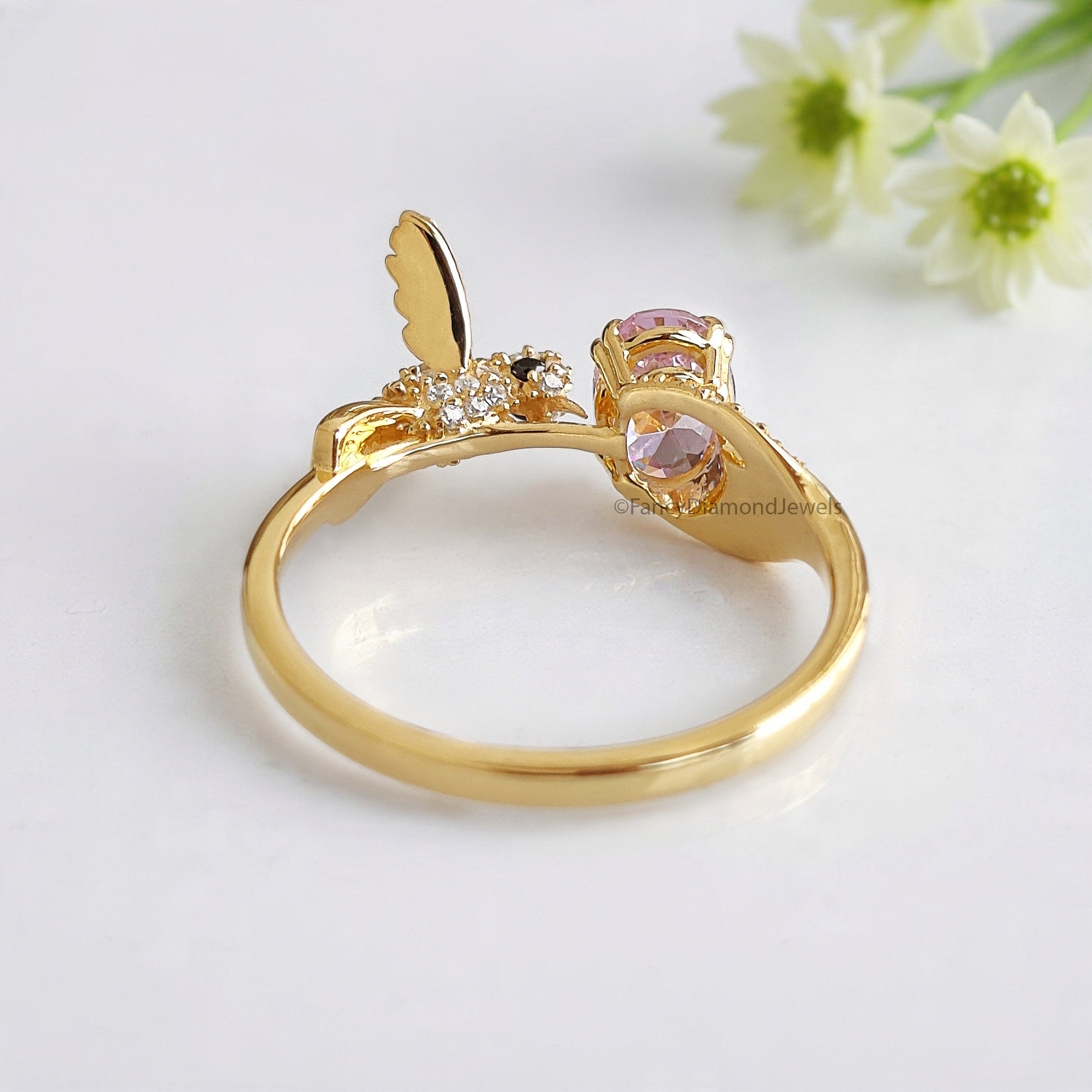 Oval Diamond Bird Ring Simulated Diamond Engagement Ring Yellow Plated Ring Anniversary Ring Simulant Pink Oval ring Gift For Her FD532