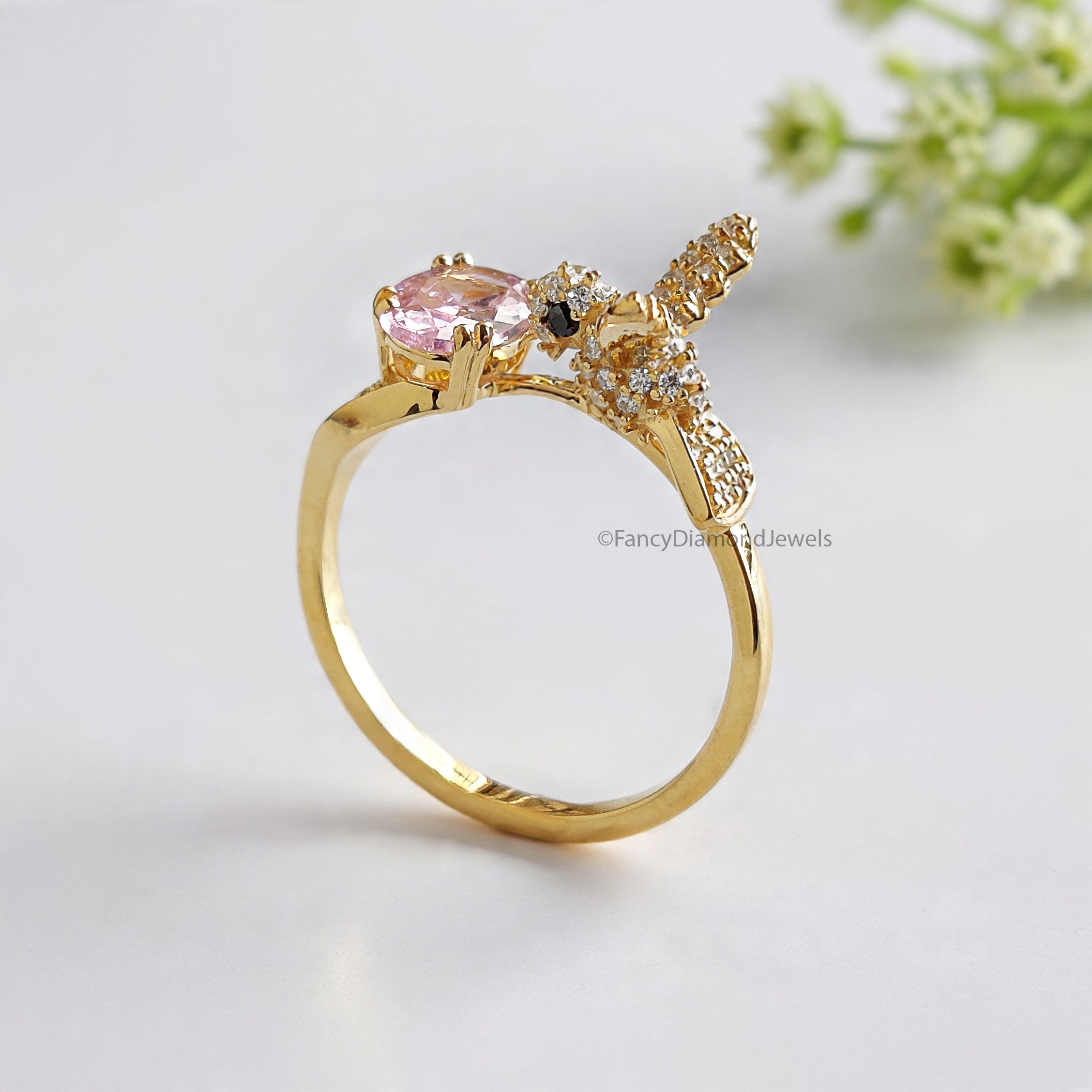 Oval Diamond Bird Ring Simulated Diamond Engagement Ring Yellow Plated Ring Anniversary Ring Simulant Pink Oval ring Gift For Her FD532