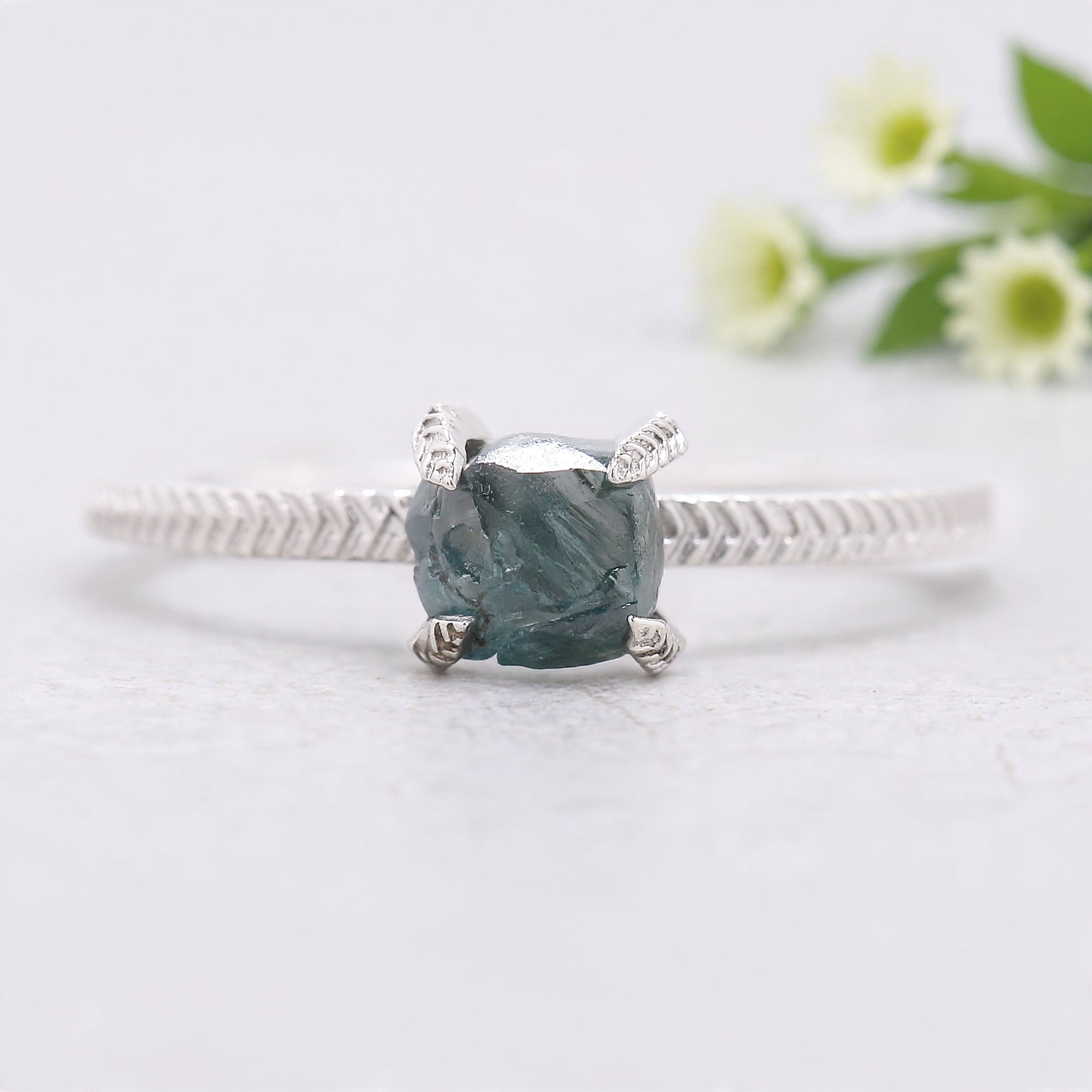 Rough Blue Color Diamond Ring 1.11 Ct 5.85 MM Crystal Rough Diamond Ring 14K Solid White Gold Silver Engagement Ring Gift For Her QL2358