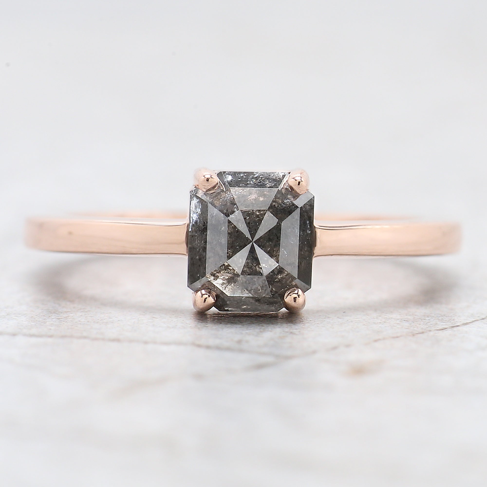 Emerald Cut Salt And Pepper Diamond Ring 1.24  Ct 5.50 MM Emerald Diamond Ring 14K Solid Rose Gold Silver Engagement Ring Gift For Her QN9365