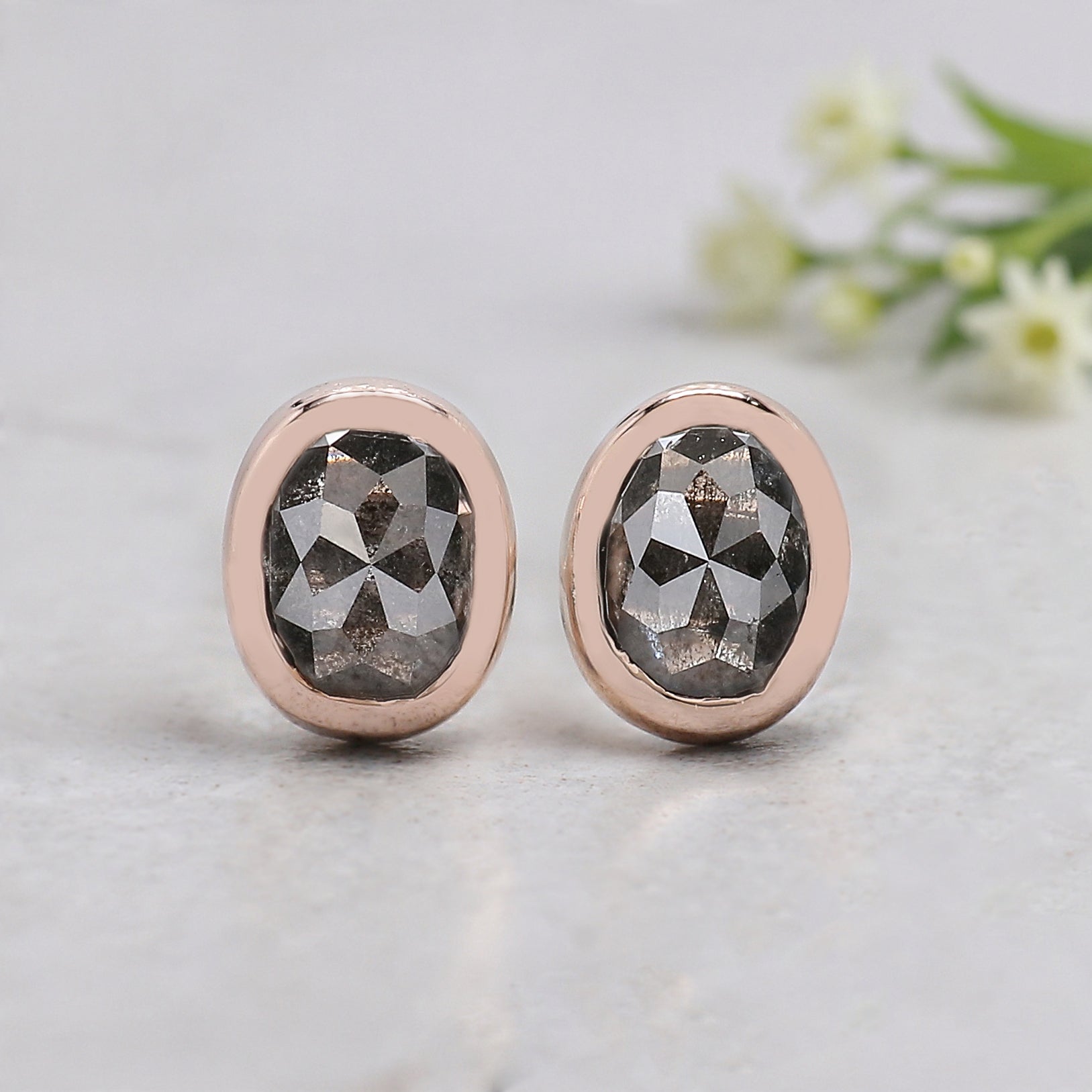 Oval Cut Salt And Pepper Diamond Earring 0.60 Ct 4.95 MM Oval Shape Diamond Earring 14K Solid Rose Gold Silver Earring Gift For Her KDL2558
