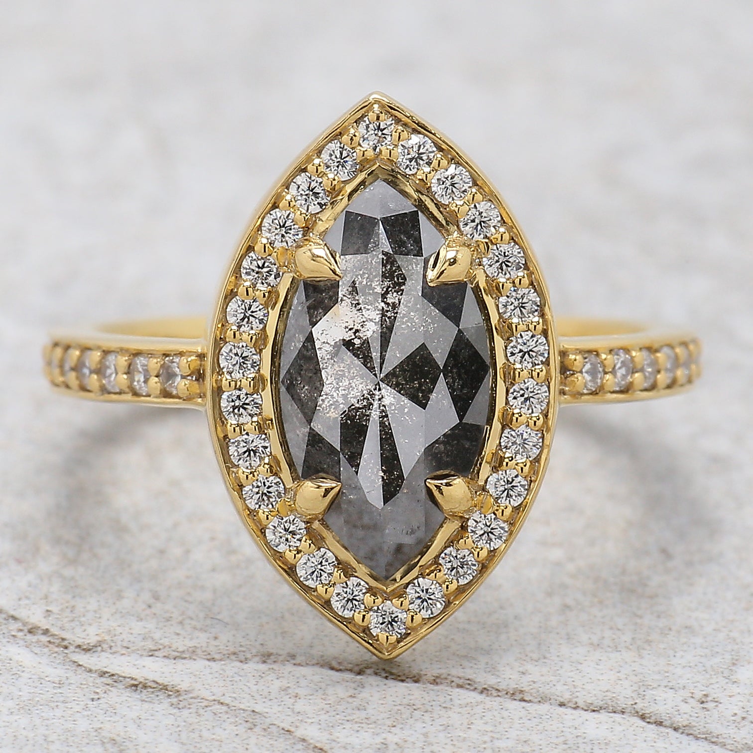 Marquise Cut Salt And Pepper Diamond Ring 1.81 Ct 11.70 MM Marquise Diamond Ring 14K Solid Yellow Gold Engagement Ring Gift For Her QL2091