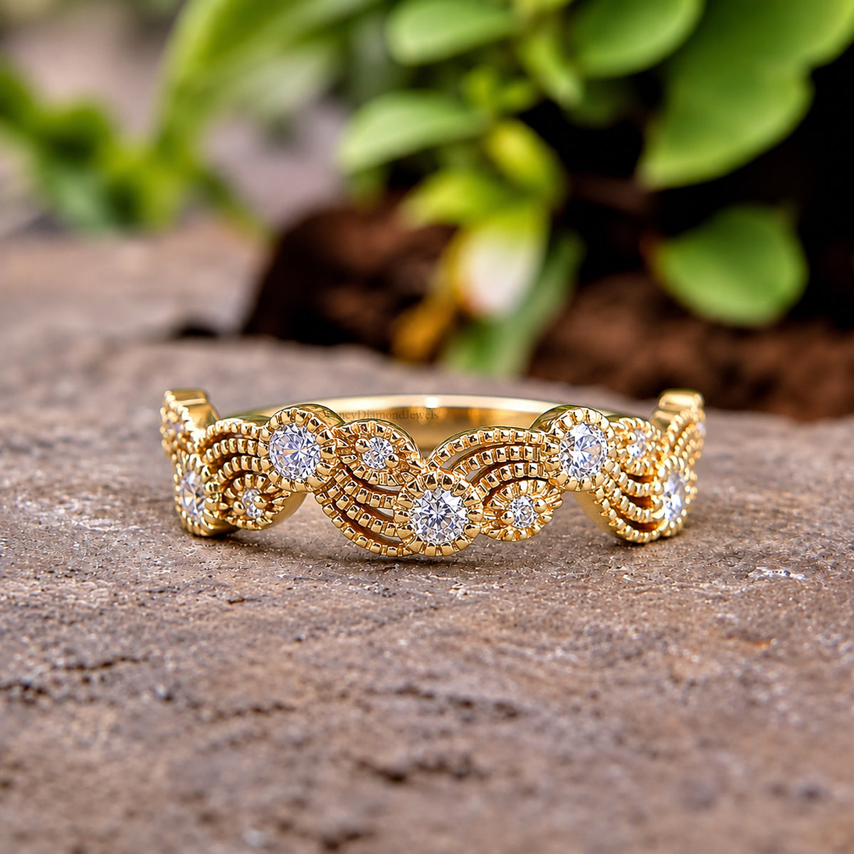 Leaf & Vine Art Deco Wedding Ring, Vintage Nature Ring, Half Eternity Ring, Round Ring, Unique Vintage Band, Wedding Band For Her FD604