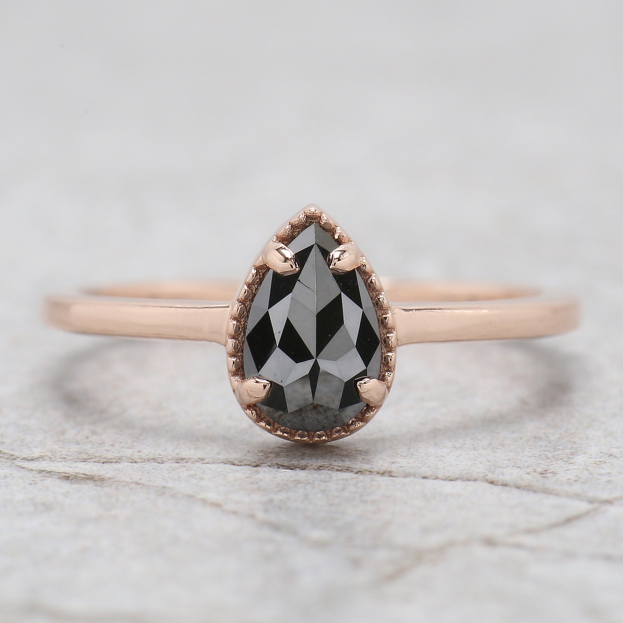 Pear Cut Black Color Diamond Ring 0.61 Ct 7.37 MM Pear Shape Diamond Ring 14K Solid Rose Gold Silver Pear Engagement Ring Gift For Her QN2270