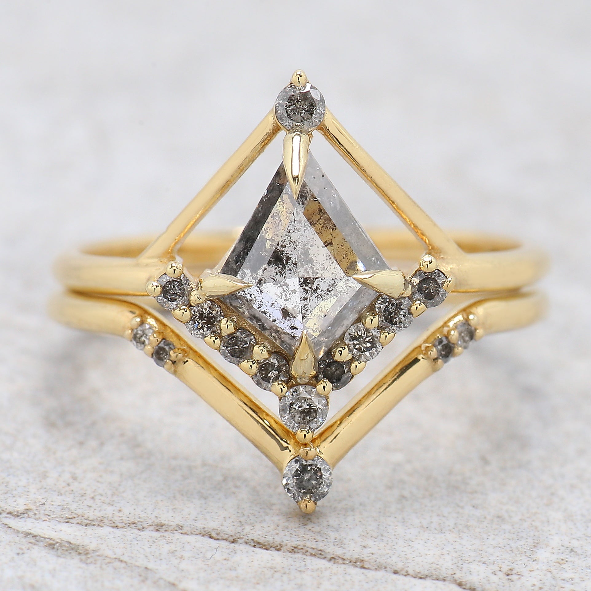 Kite Cut Salt And Pepper Diamond Ring 1.05 CT 8.55 MM Kite Diamond Wedding Ring Set Yellow Gold Silver Engagement Ring Gift For Her KDL3325