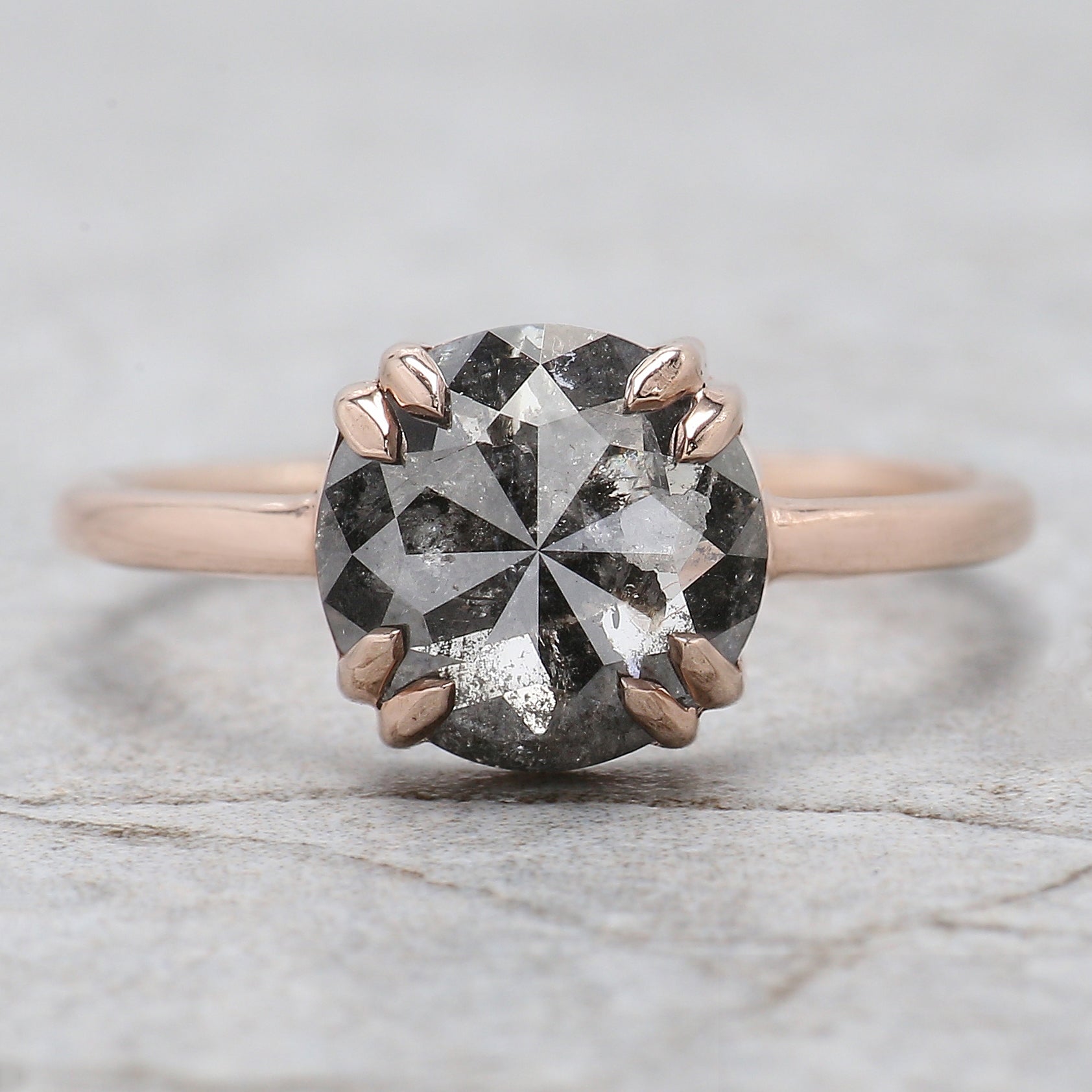 Round Rose Cut Salt And Pepper Diamond Ring 2.32 Ct 8.54 MM Round Diamond Ring 14K Rose Gold Silver Engagement Ring Gift For Her QL2435