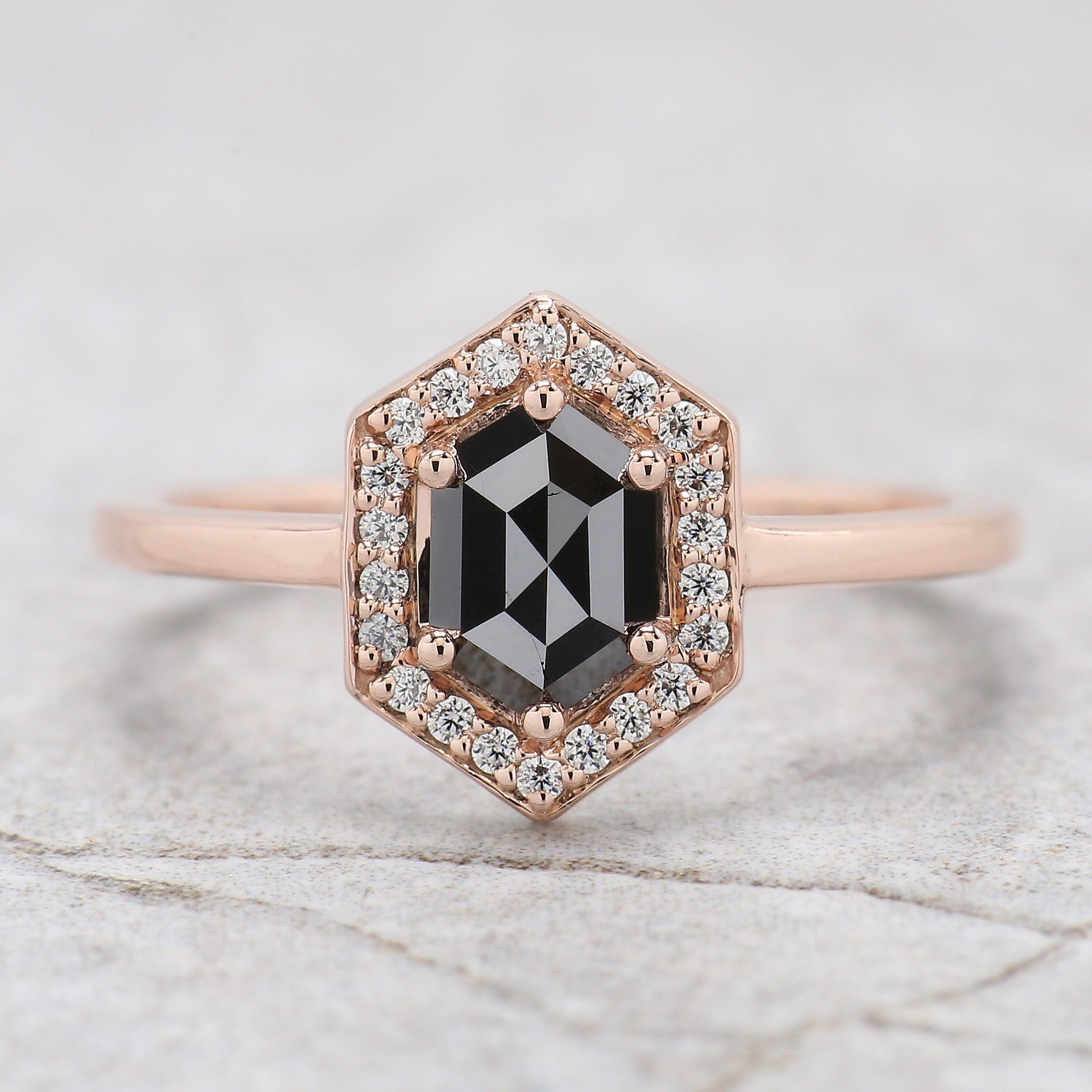 Hexagon Cut Black Color Diamond Ring 0.56 Ct 6.84 MM Hexagon Diamond Ring 14K Rose Gold Silver Hexagon Engagement Ring Gift For Her QN2233