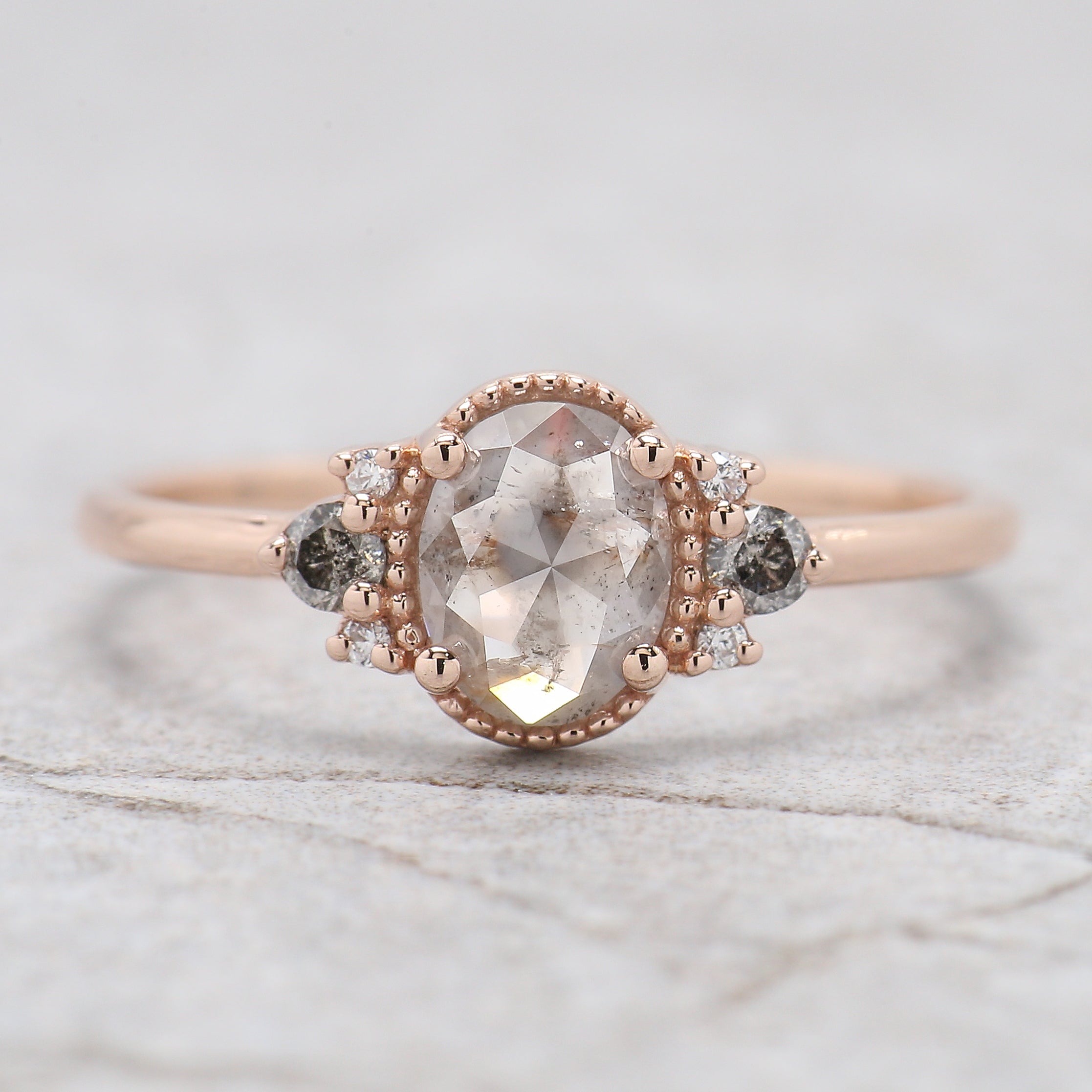 Oval Cut Salt And Pepper Diamond Ring 0.68 Ct 6.27 MM Oval Diamond Ring 14K Solid Rose Gold Silver Oval Engagement Ring Gift For Her QN2185