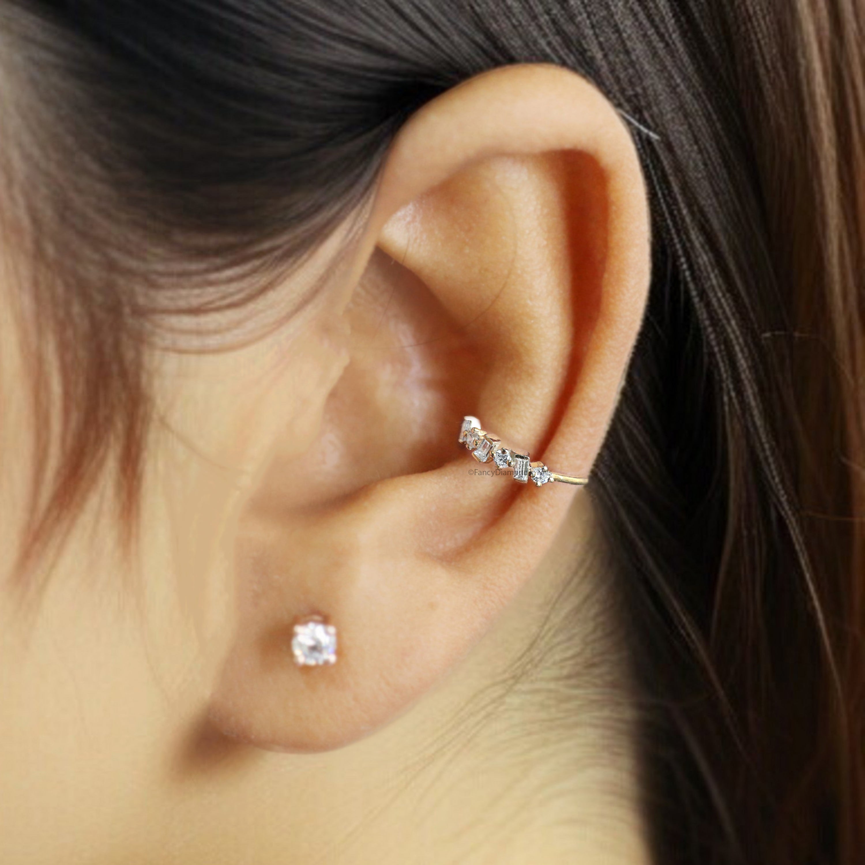 Dainty Baguette & Round Brilliant Cut Colorless Moissanite Diamond Ear Cuff Conch Ear Cuff Yellow Gold Ear Wrap FD329