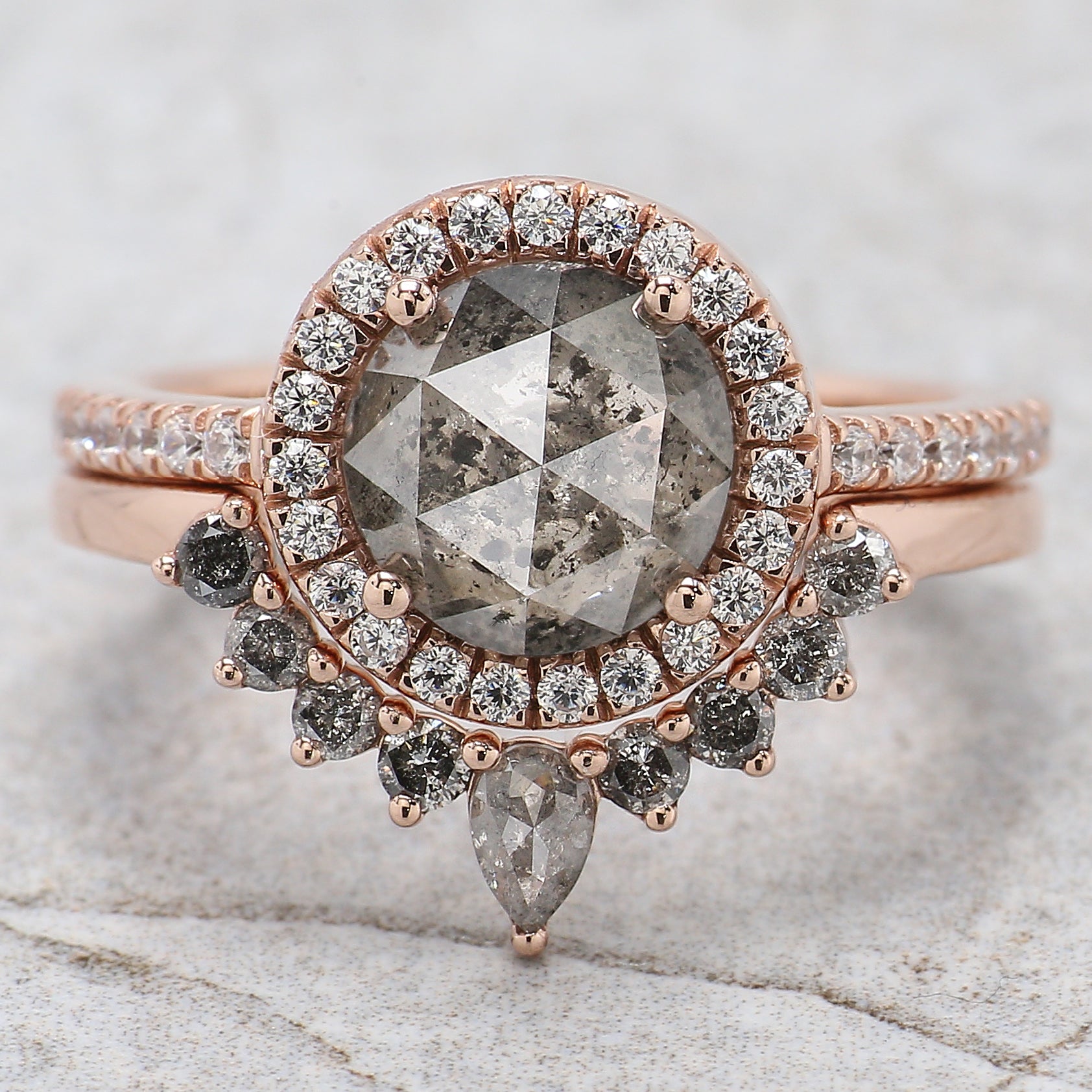 Round Rose Cut Salt And Pepper Diamond Ring 1.83 Ct 7.75 MM Round Rose Diamond Ring 14K Rose Gold Silver Engagement Ring Gift For Her QL2188