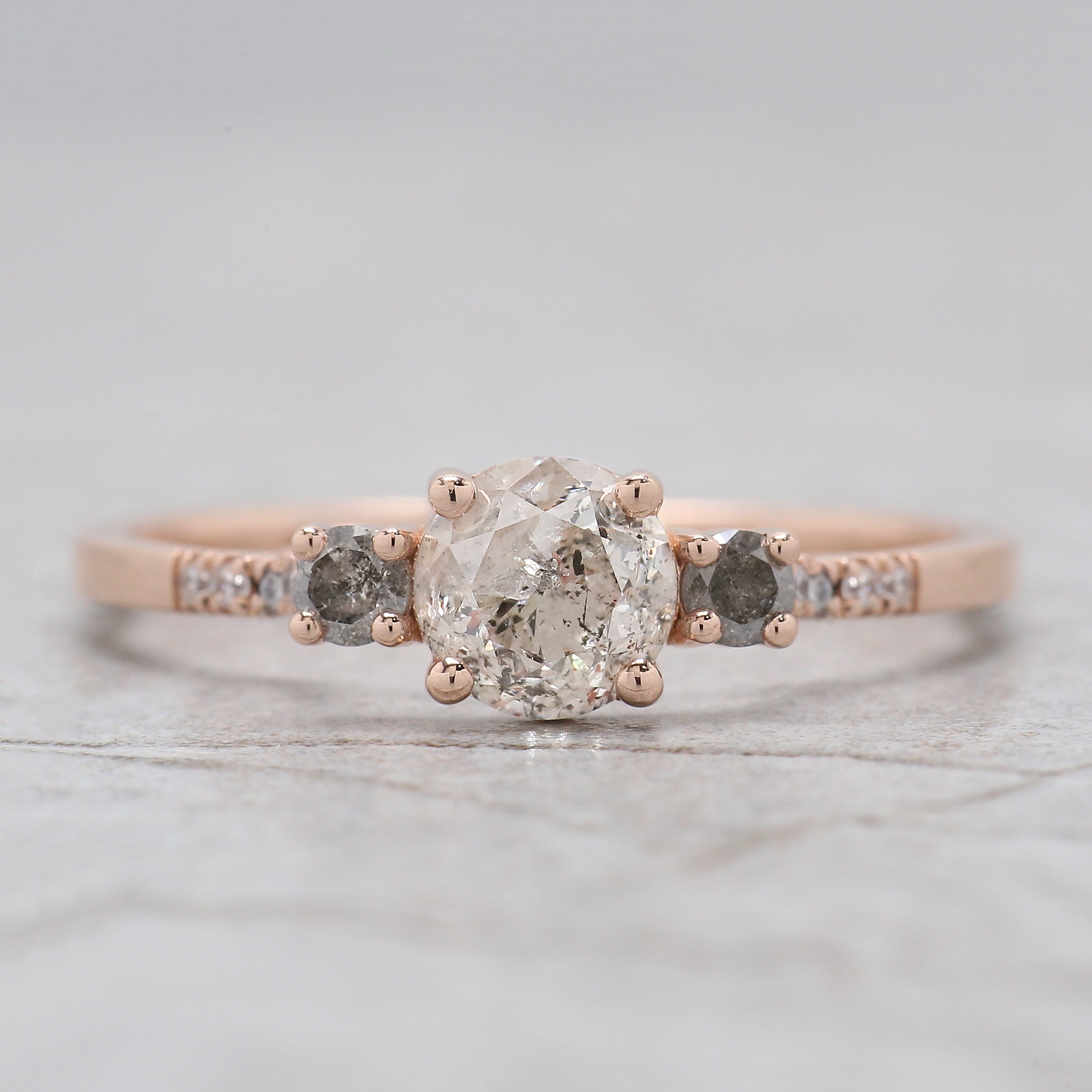 Round Cut Salt And Pepper Diamond Ring 0.83 Ct 5.64 MM Round Diamond Ring 14K Solid Rose Gold Silver Engagement Ring Gift For Her QN2184