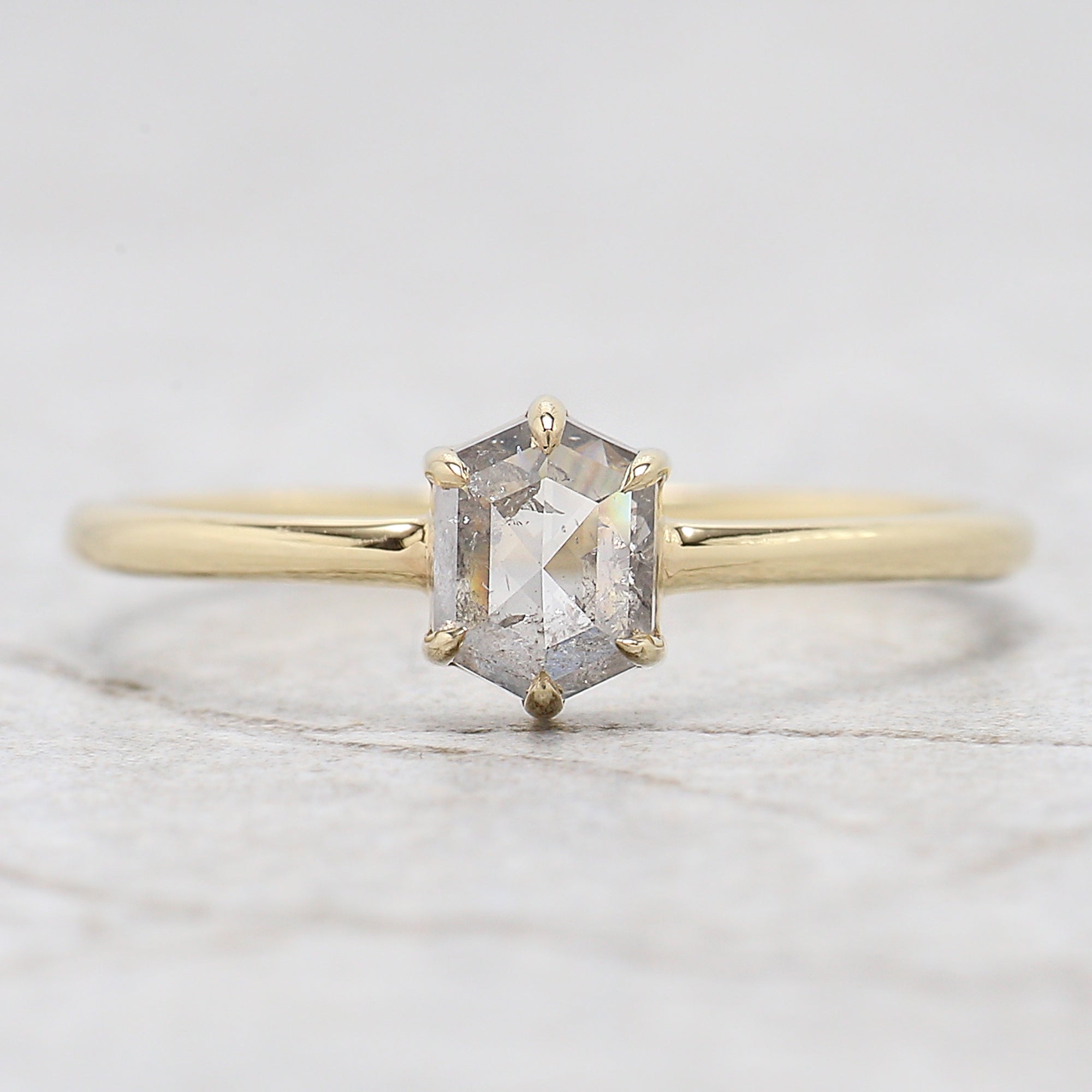Hexagon Salt And Pepper Diamond Ring 0.62 Ct 5.70 MM Hexagon Diamond Ring 14K Solid Yellow Gold Silver Engagement Ring Gift For Her QN1435