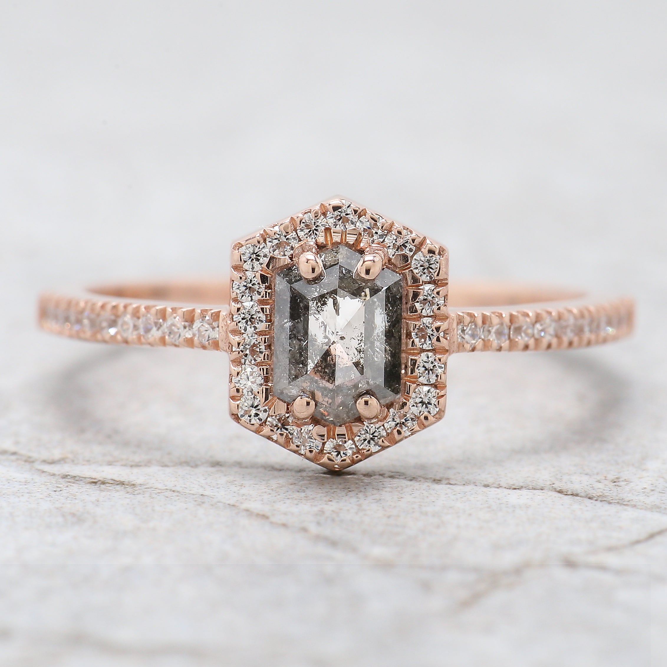 Hexagon Cut Salt And Pepper Diamond Ring 0.57 Ct 5.80 MM Hexagon Cut Diamond Ring 14K Rose Gold Silver Engagement Ring Gift For Her QN1254