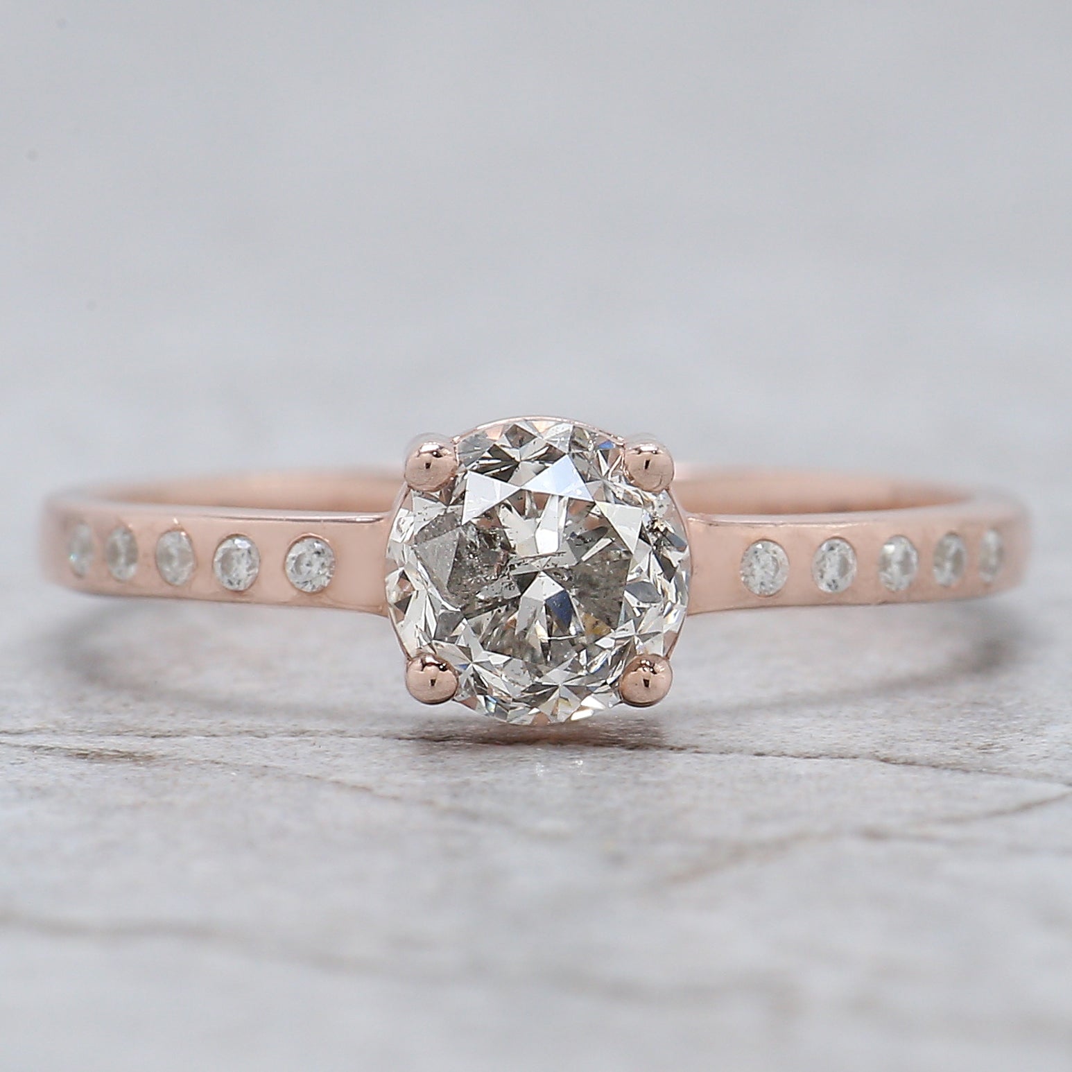 Round Cut Salt And Pepper Diamond Ring 0.84 Ct 5.61 MM Round Diamond Ring 14K Solid Rose Gold Silver Engagement Ring Gift For Her QL2657