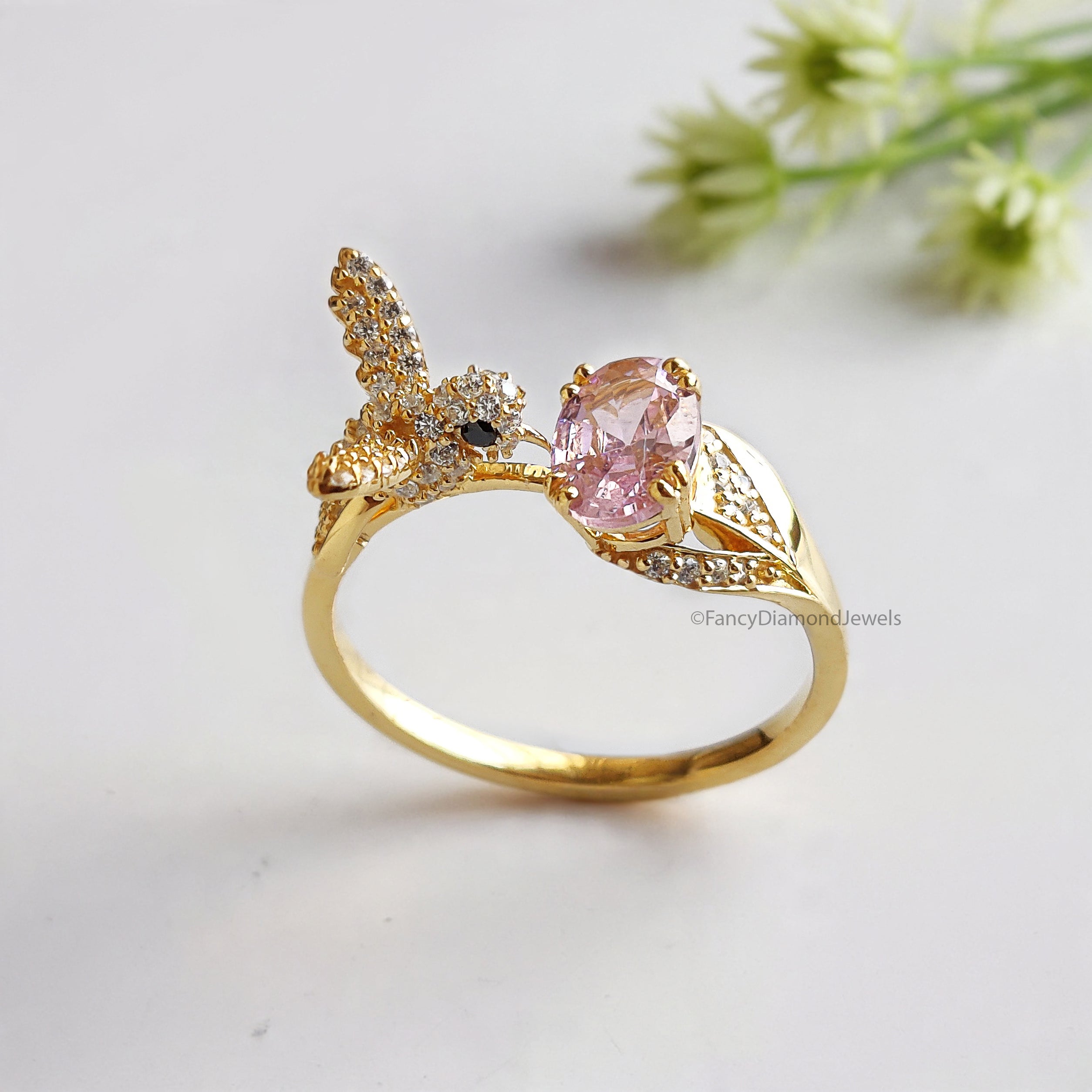 Oval Diamond Bird Ring Simulated Diamond Engagement Ring Yellow Plated Ring Anniversary Ring Simulant Pink Oval ring Gift For Her FD532