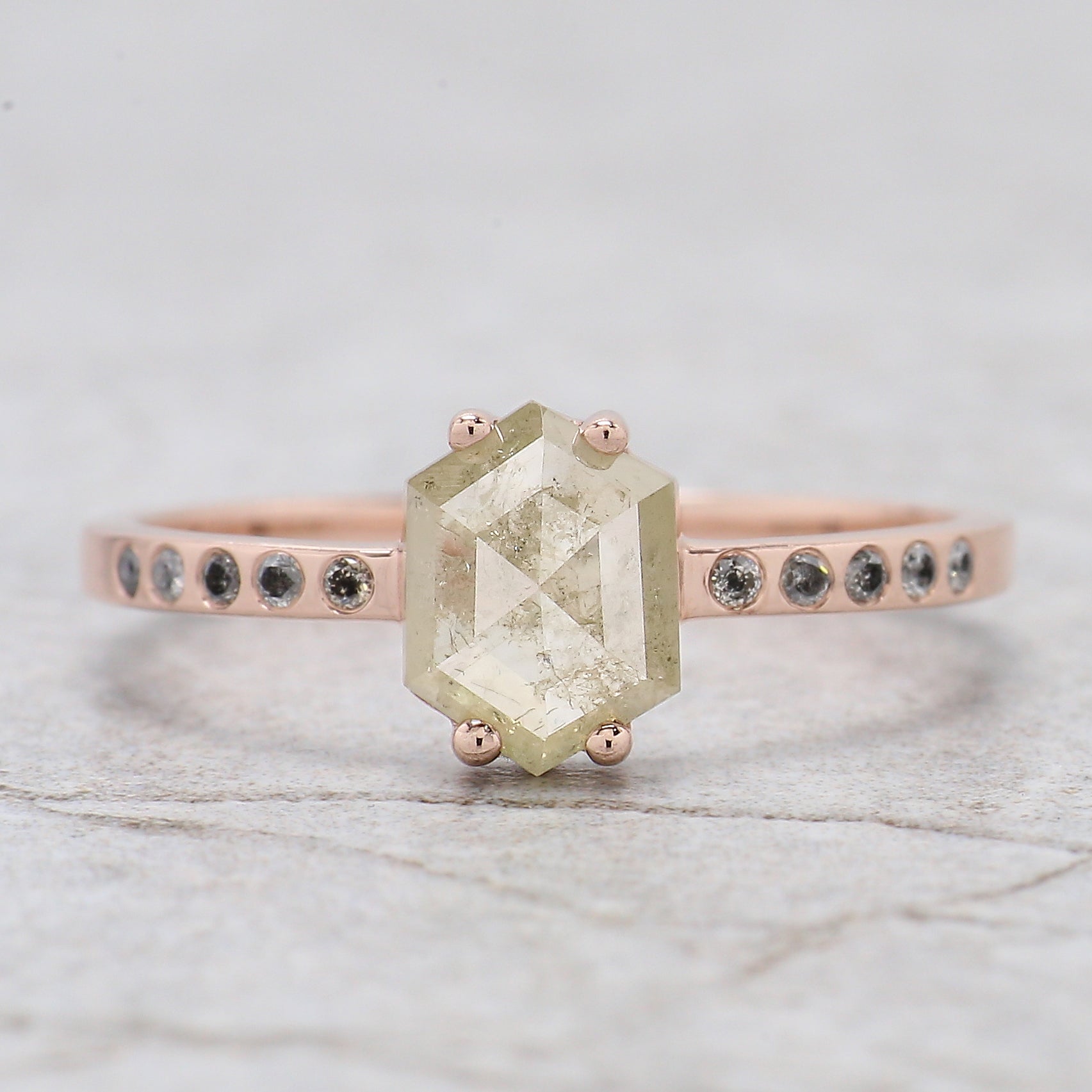 Hexagon Grey Color Diamond Ring 0.75 Ct 7.45 MM Hexagon Shape Diamond Ring 14K Solid Rose Gold Silver Engagement Ring Gift For Her QK2097