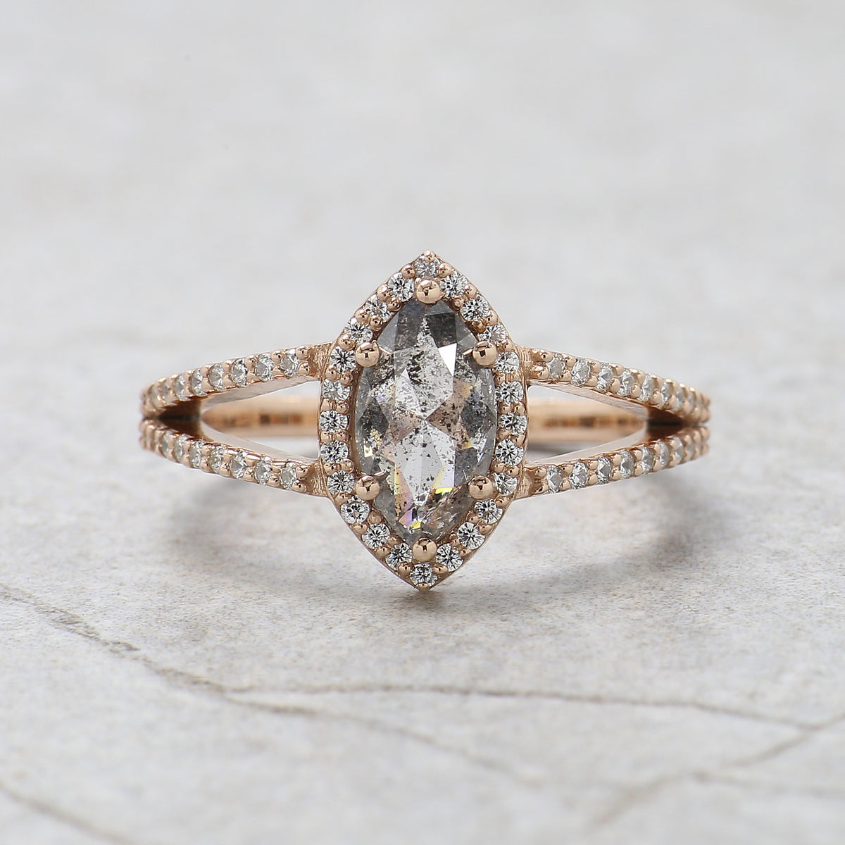 Marquise Salt and Pepper Diamond Engagement Ring, 14K Rose Gold Ring, Unique Geometric Diamond Ring, Minimalist Fine Jewelry Gift KDL3686