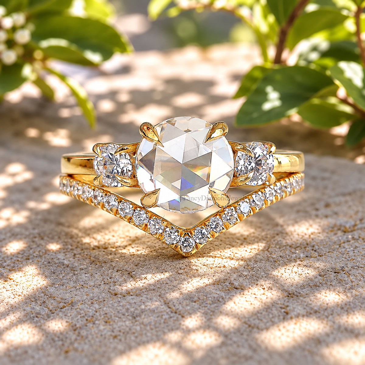1.50 CT Round Rose Cut Engagement Ring Set In Solid Yellow 10K/14k/18k Gold Round Solitaire Engagement Ring Bridal Wedding Ring Set FD609