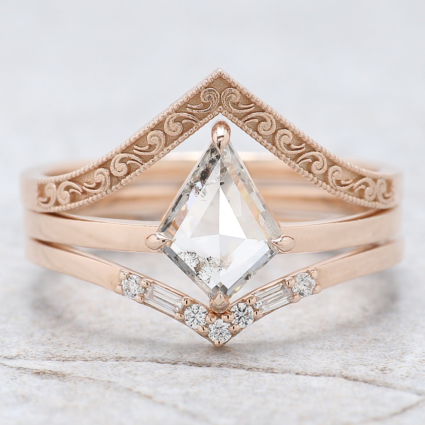 Kite Cut Salt And Pepper Diamond Ring 0.77 Ct 8.78 MM Kite Diamond Ring 14K Solid Rose Gold Silver Kite Engagement Ring Gift For Her QL2681