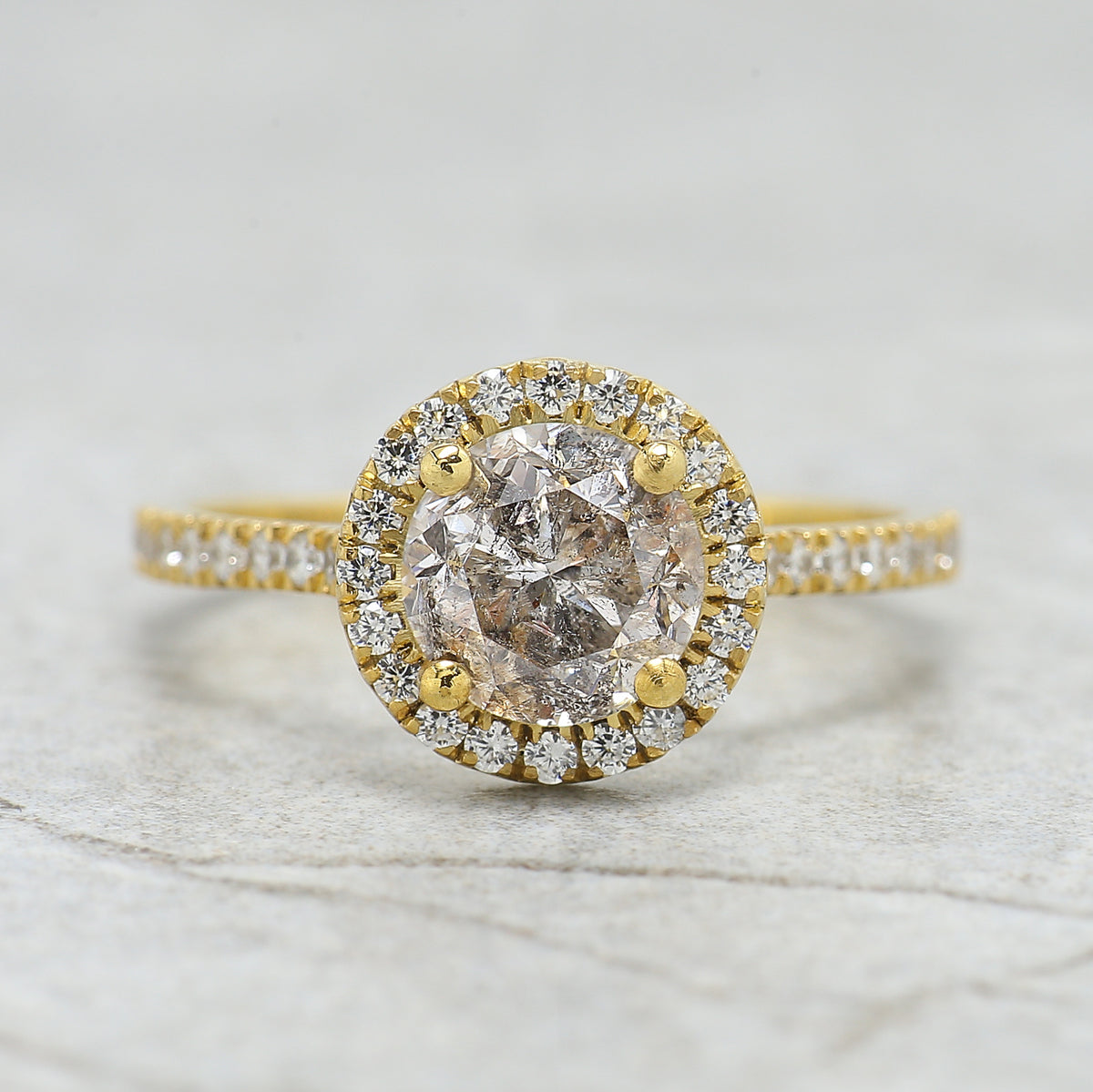Round Salt and Pepper Diamond Engagement Ring, 14K Yellow Gold Ring, Unique Geometric Diamond Ring, Minimalist Fine Jewelry Gift KDL2616