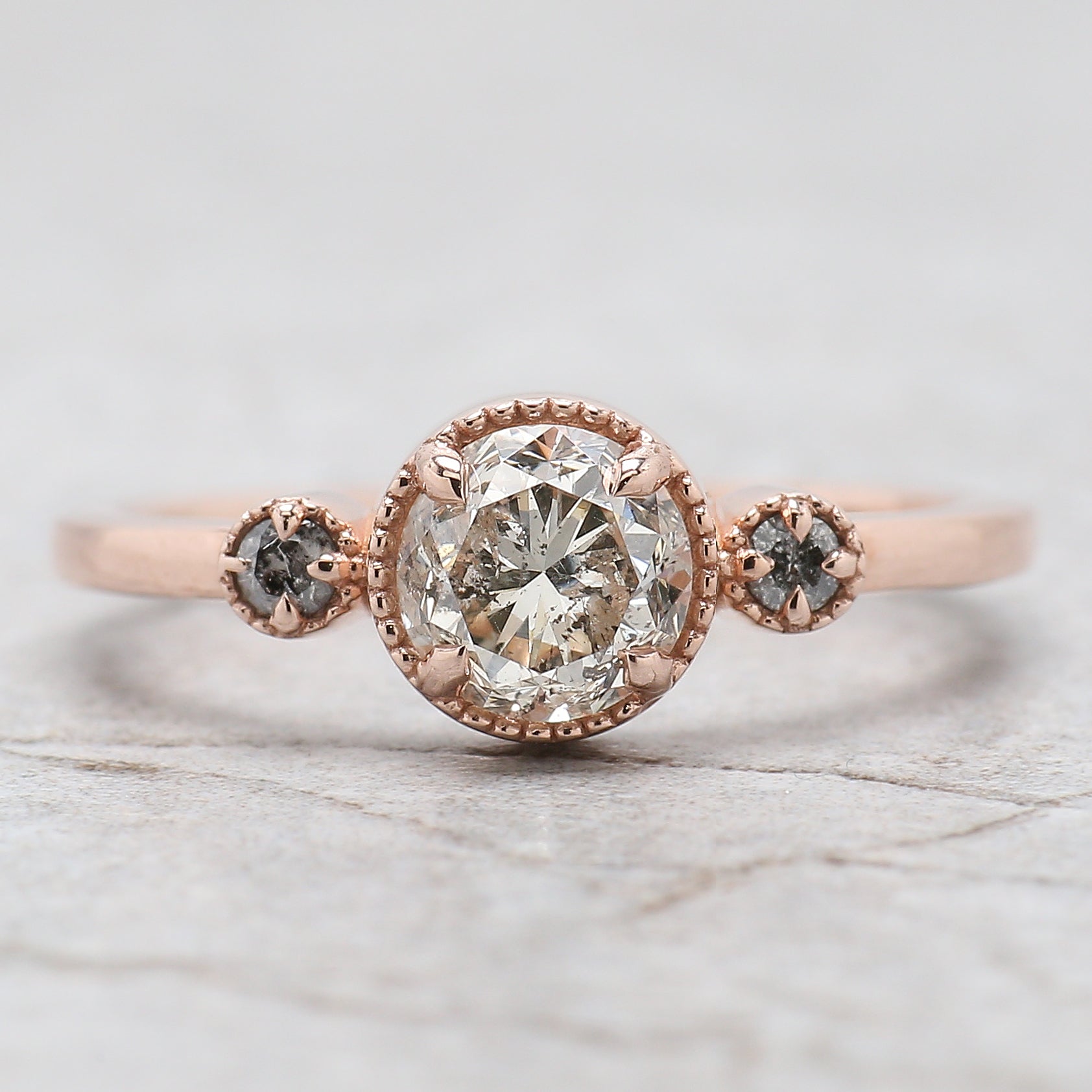 Round Cut Salt And Pepper Diamond Ring 0.90 Ct 5.79 MM Round Diamond Ring 14K Solid Rose Gold Silver Engagement Ring Gift For Her QL2655