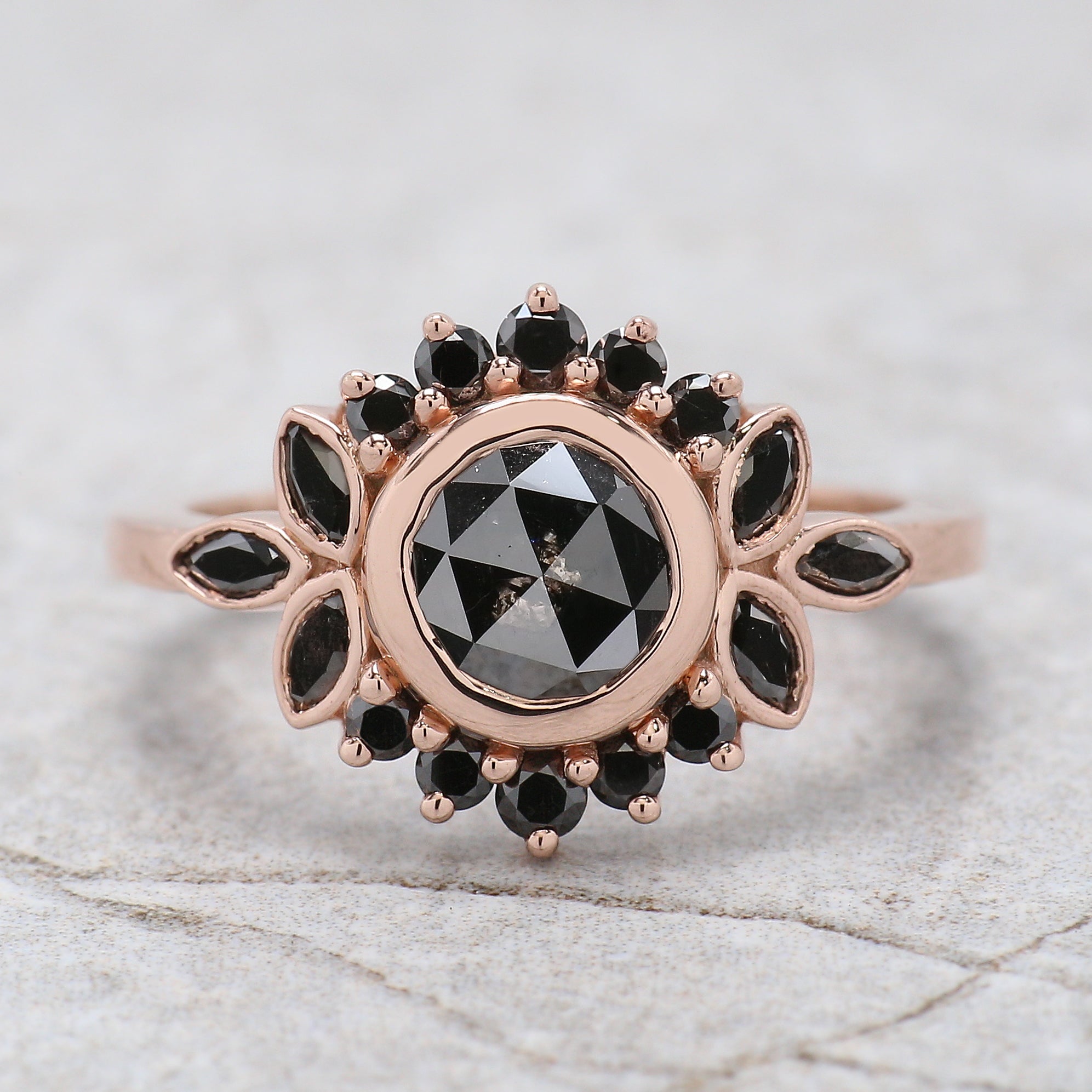 Round Rose Cut Black Color Diamond Ring 0.80 Ct 6.00 MM Rose Cut Diamond Ring 14K Solid Rose Gold Silver Engagement Ring Gift For Her QN9075