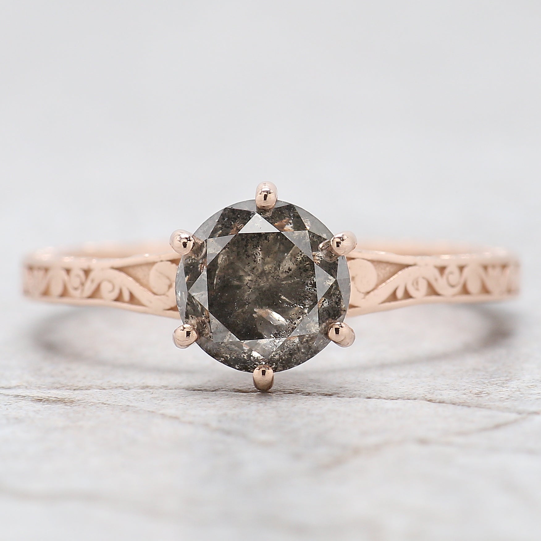 Round Salt And Pepper Diamond Ring 1.51 Ct 6.60 MM Round Cut Diamond Ring 14K Solid Rose Gold Silver Engagement Ring Gift For Her QL8399