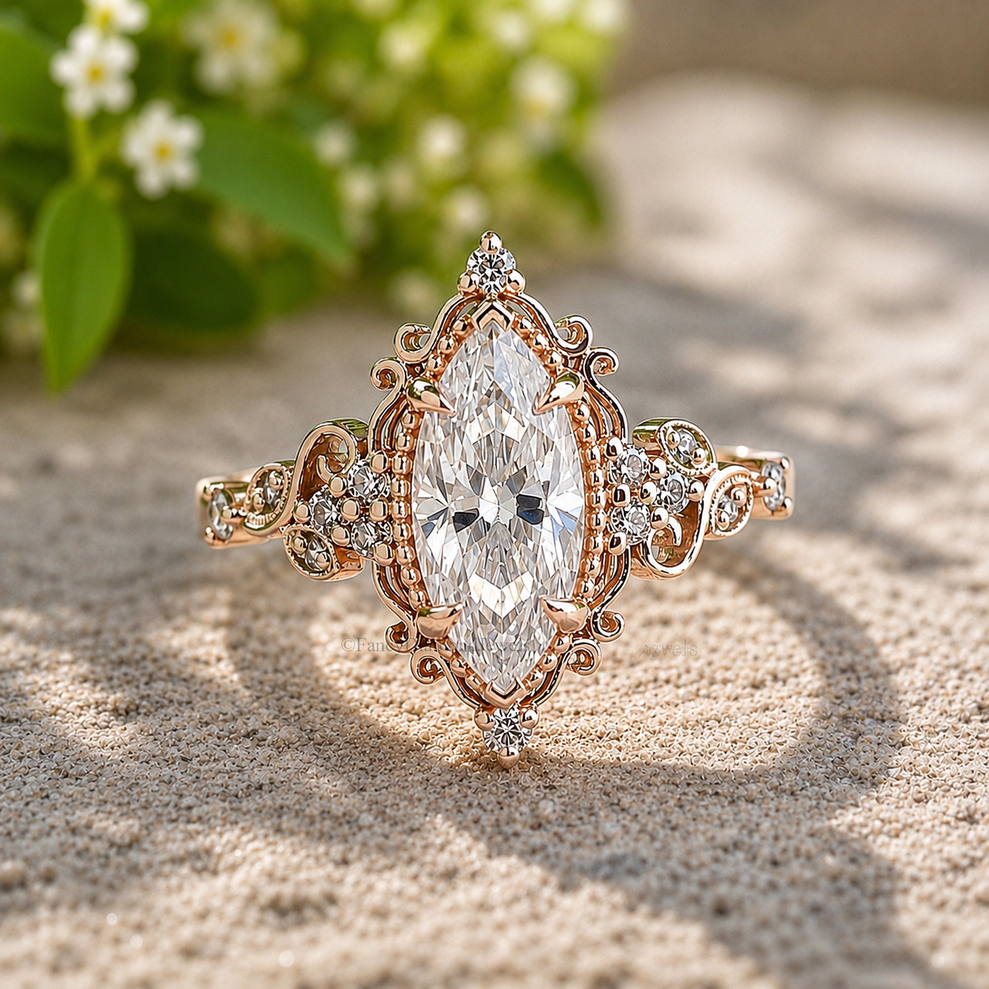 Floral Marquise Cut Moissanite Elegant Ring Nature Inspire Art Deco Engagement Ring in 14K Solid Yellow Gold Ring Unique Bridal Gift FD583