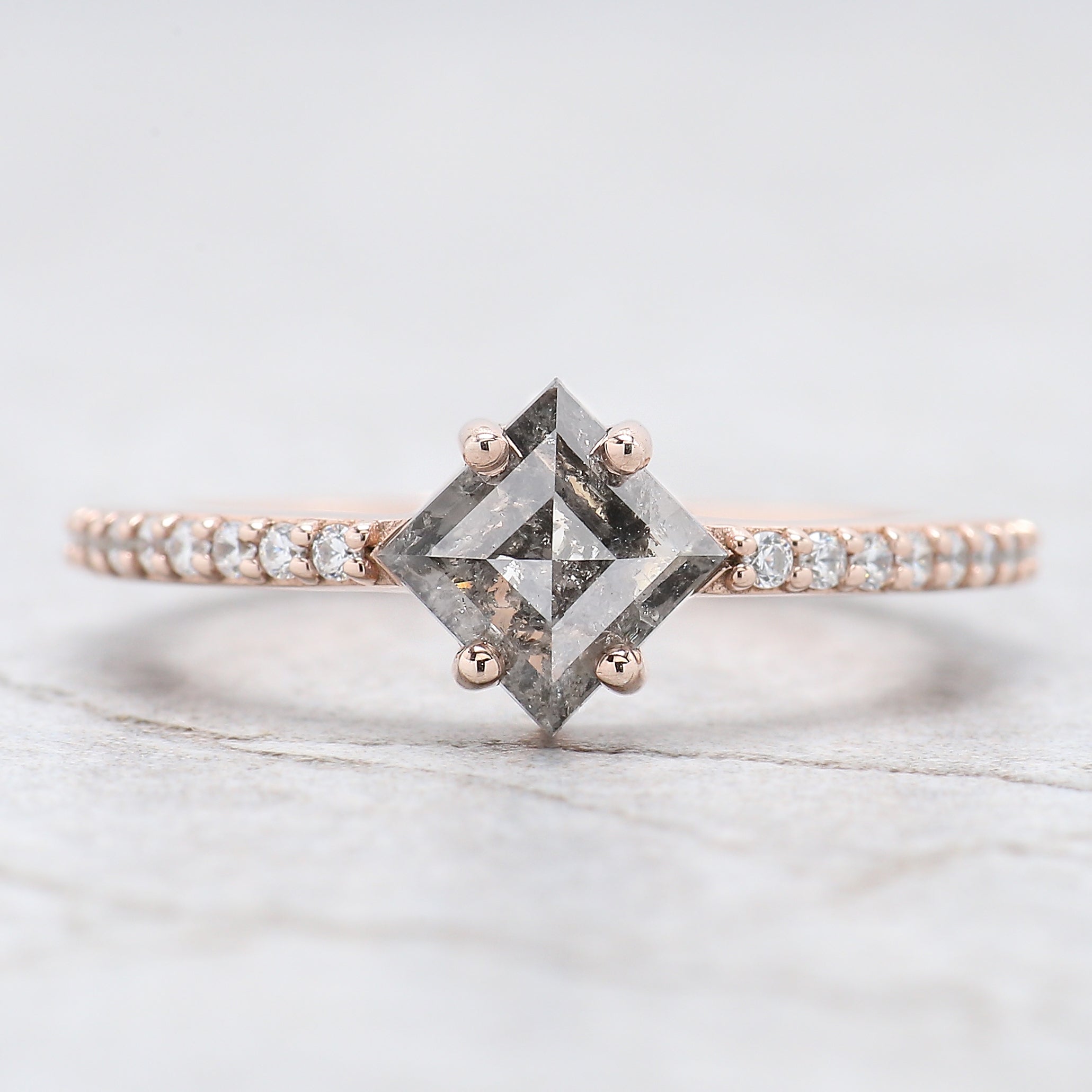 Kite Cut Salt And Pepper Diamond Ring 0.98 Ct 7.70 MM Kite Diamond Ring 14K Solid Rose Gold Silver Kite Engagement Ring Gift For Her QL9339