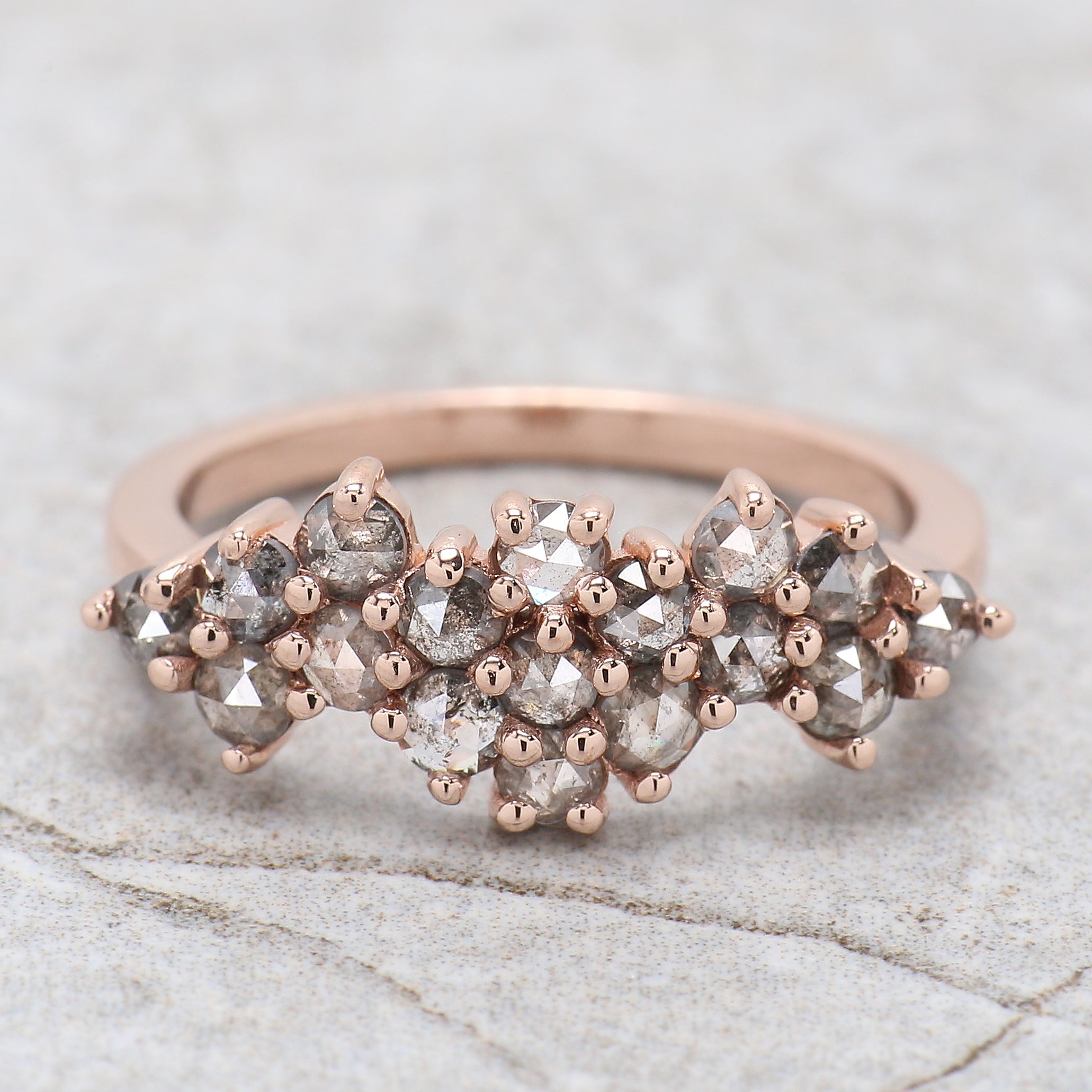 Round Rose Cut Salt And Pepper Diamond Ring 1.09 Ct 2.50 MM Round Diamond Ring 14K Rose Gold Silver Engagement Ring Gift For Her QK1430