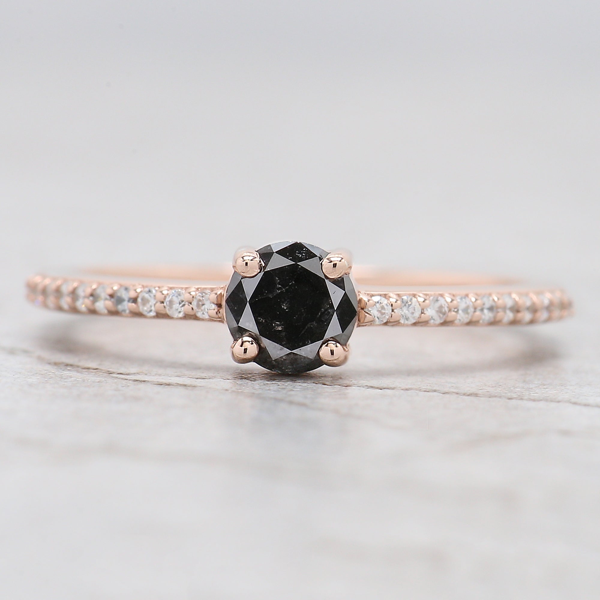 0.43 Ct Natural Round Shape Salt And Pepper Diamond Ring 4.75 MM Round Cut Diamond Ring 14K Solid Rose Gold Silver Engagement Ring QL5995