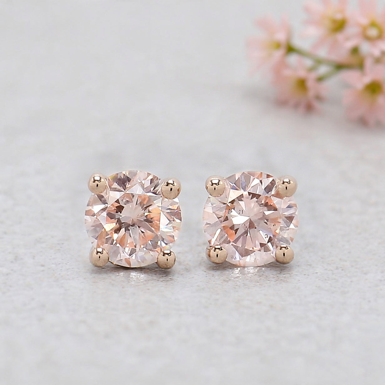 Round Lab Grown Pink Color Diamond Earring 0.56 Ct 4.20 MM Round Diamond Earring 14K Solid Rose Gold Silver Earring Gift For Her KDL3548