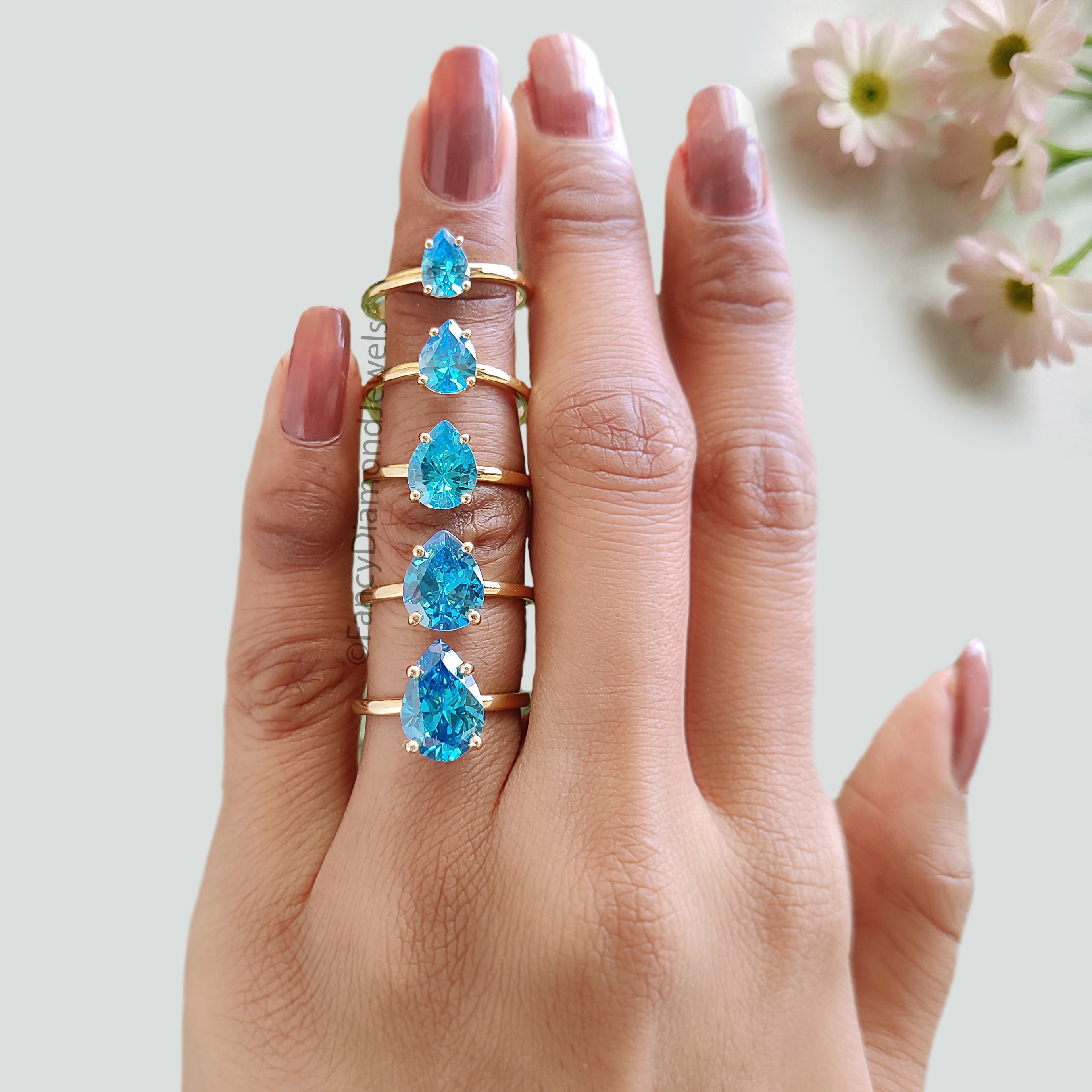 Pear Blue Aquamarine engagement ring 12mm 10mm 9mm 8mm 7mm stone ring Simulant Solitaire ring Diamond ring Silver ring Gift for her FD546