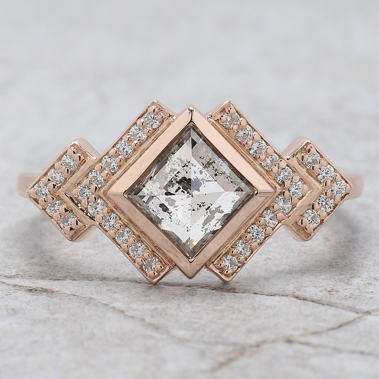 Kite Cut Salt And Pepper Diamond Ring 0.96 Ct 7.75 MM Kite Diamond Ring 14K Solid Rose Gold Silver Kite Engagement Ring Gift For Her QL2757