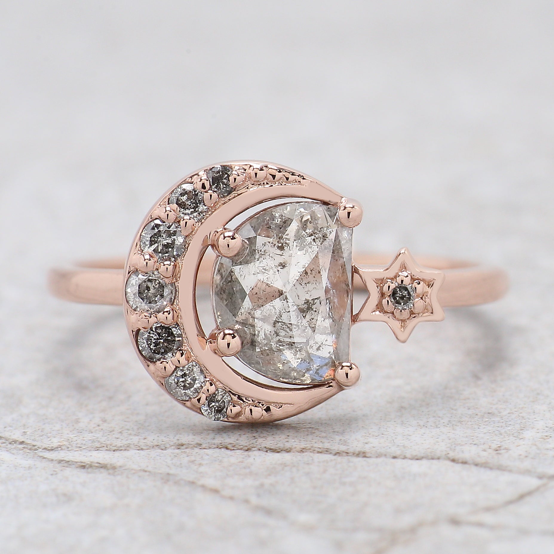 Half Moon Salt And Pepper Diamond Ring 0.94 Ct 7.30 MM Half Moon Diamond Ring 14K Solid Rose Gold Silver Engagement Ring Gift For Her QN725