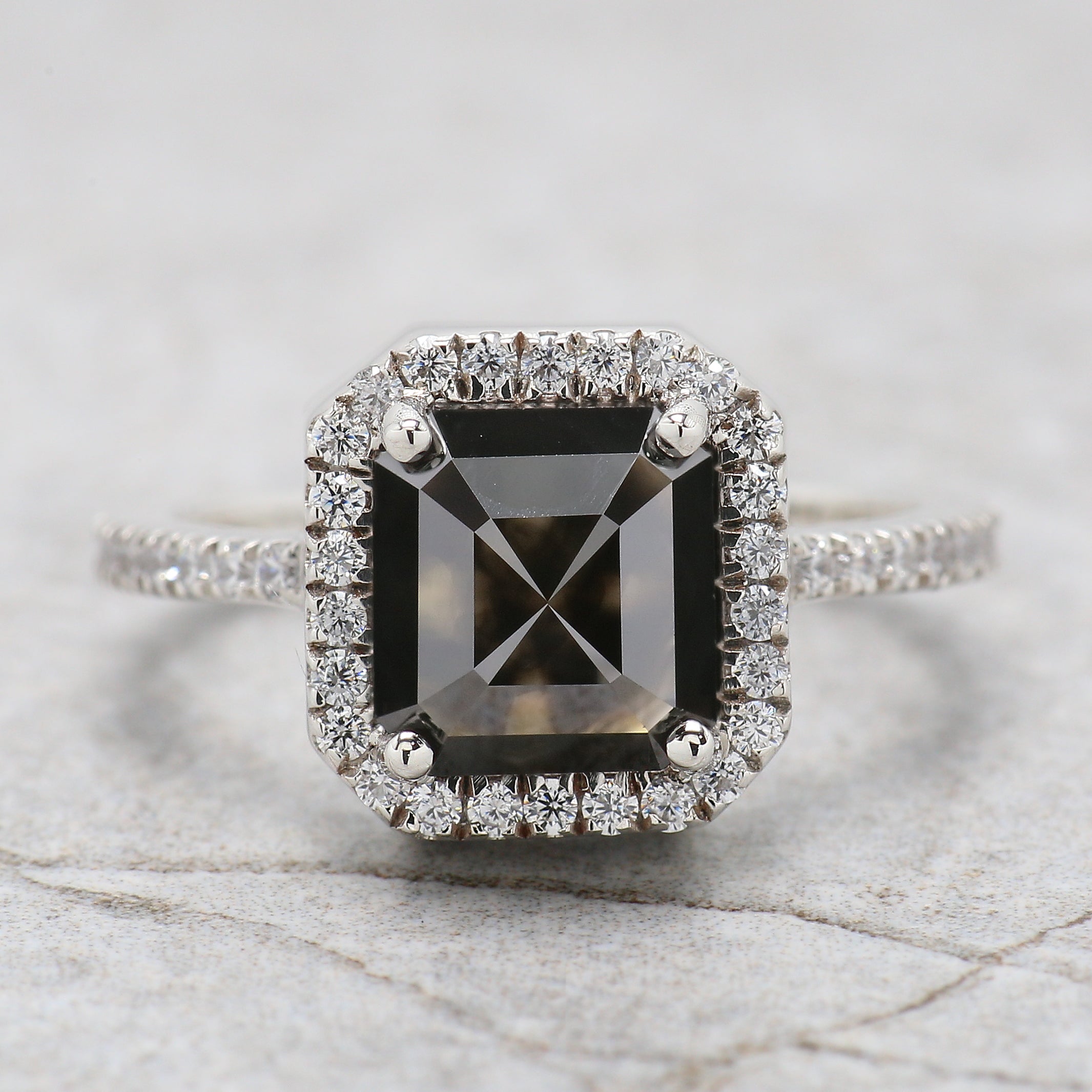 Emerald Cut Salt And Pepper Diamond Ring 3.05 Ct 7.90 MM Emerald Diamond Ring 14K Solid White Gold Silver Engagement Ring Gift For Her QL9503