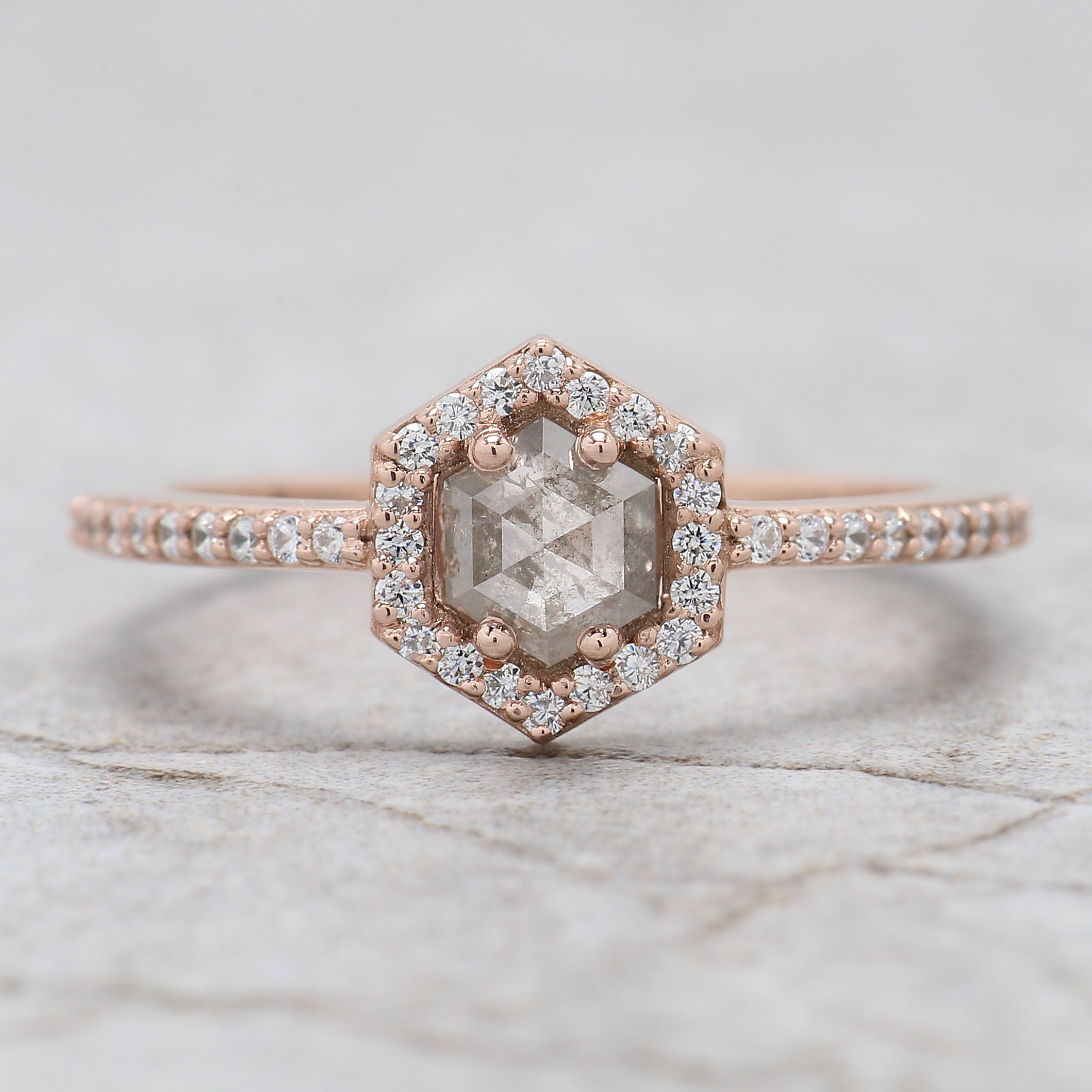 Hexagon Cut Salt And Pepper Diamond Ring 0.57 Ct 5.20 MM Hexagon Diamond Ring 14K Solid Rose Gold Silver Engagement Ring Gift For Her QL7965