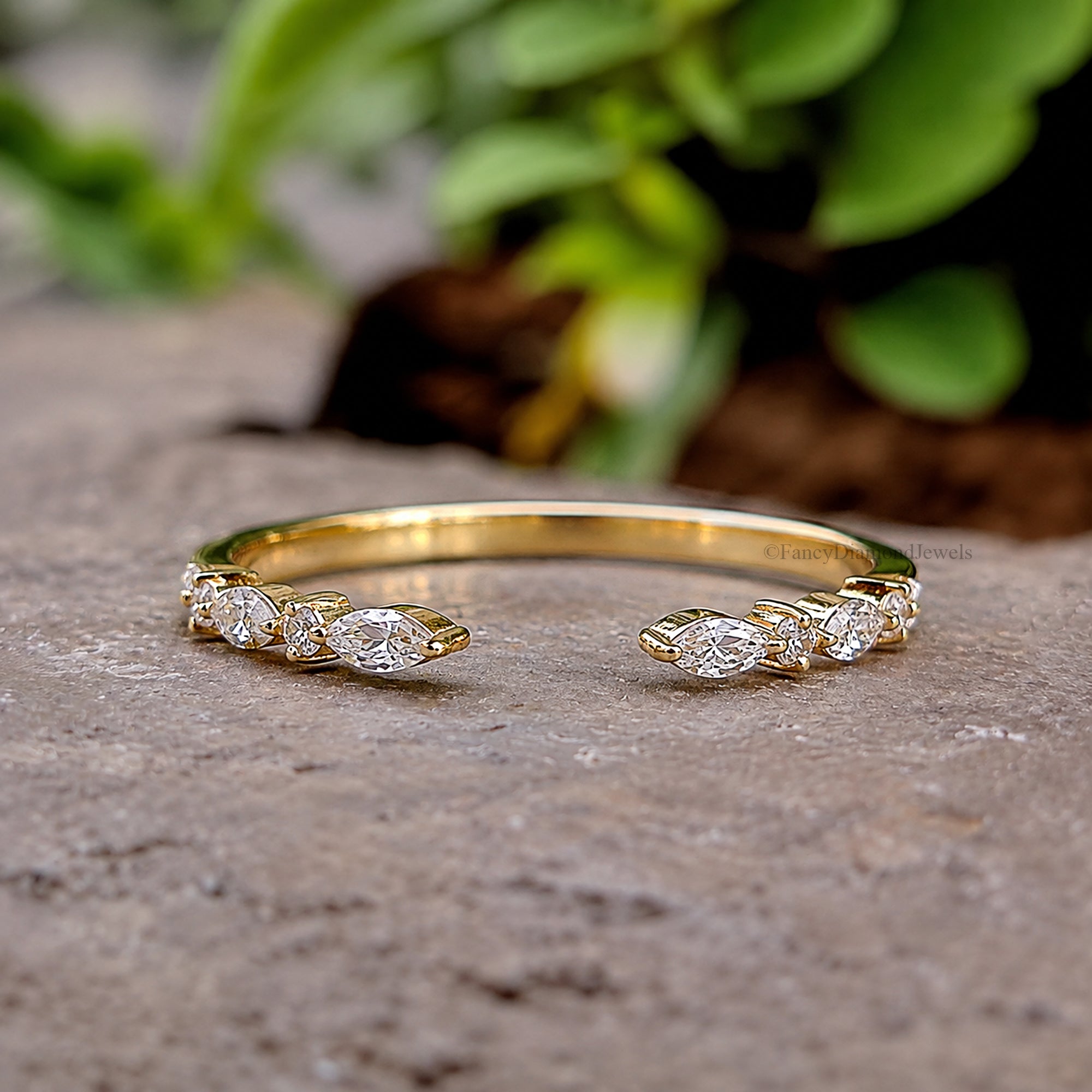 Open Gap Wedding Band Marquise and Round Moissanite Engagement Band, Half Eternity Band, Stackable Matching Minimalist Rings For Women FD603