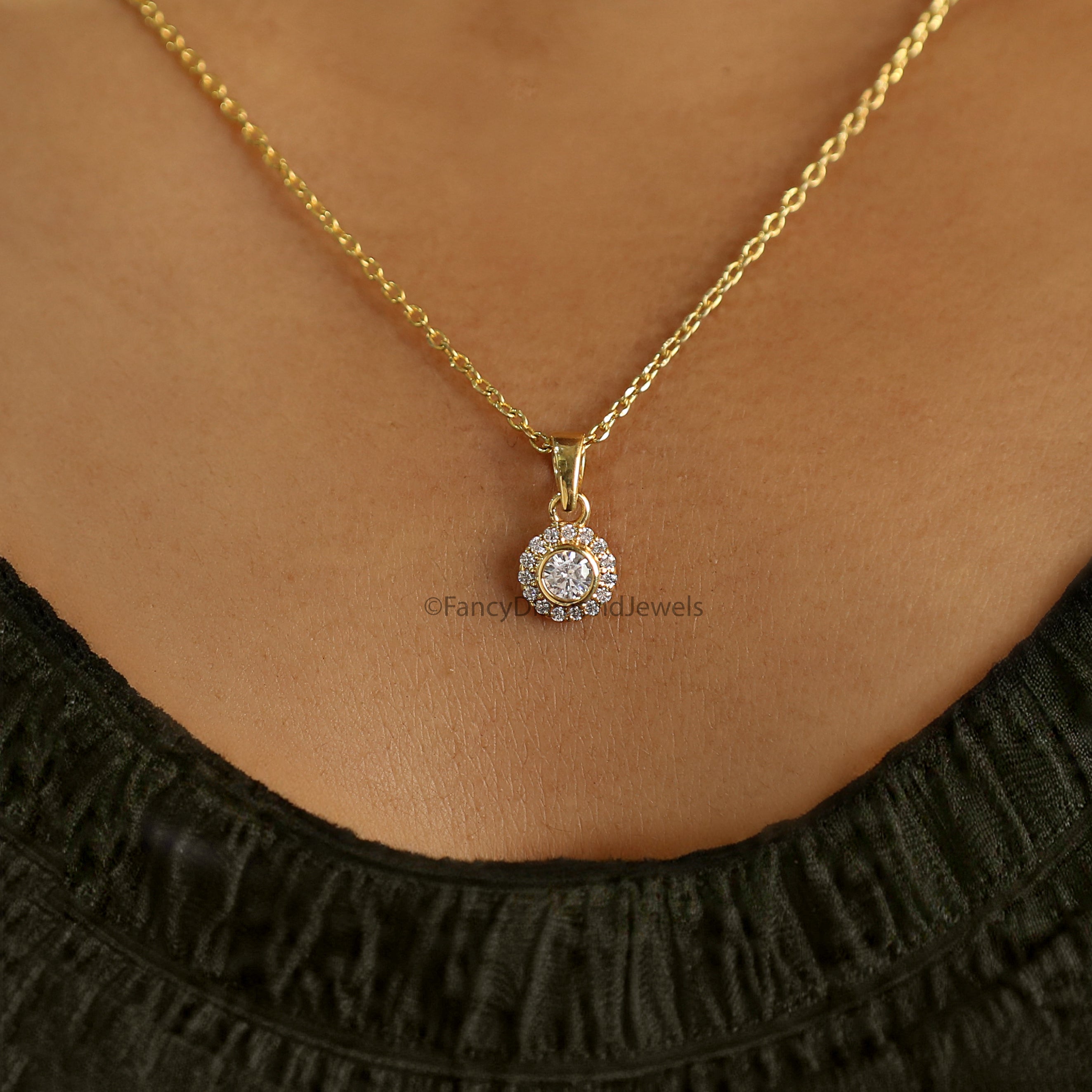 Round Brilliant Cut Moissanite Diamond Pendant, Unique Diamond Pendant, Halo With Bezel Setting Pendant, Dangling Diamond Pendant KD1004
