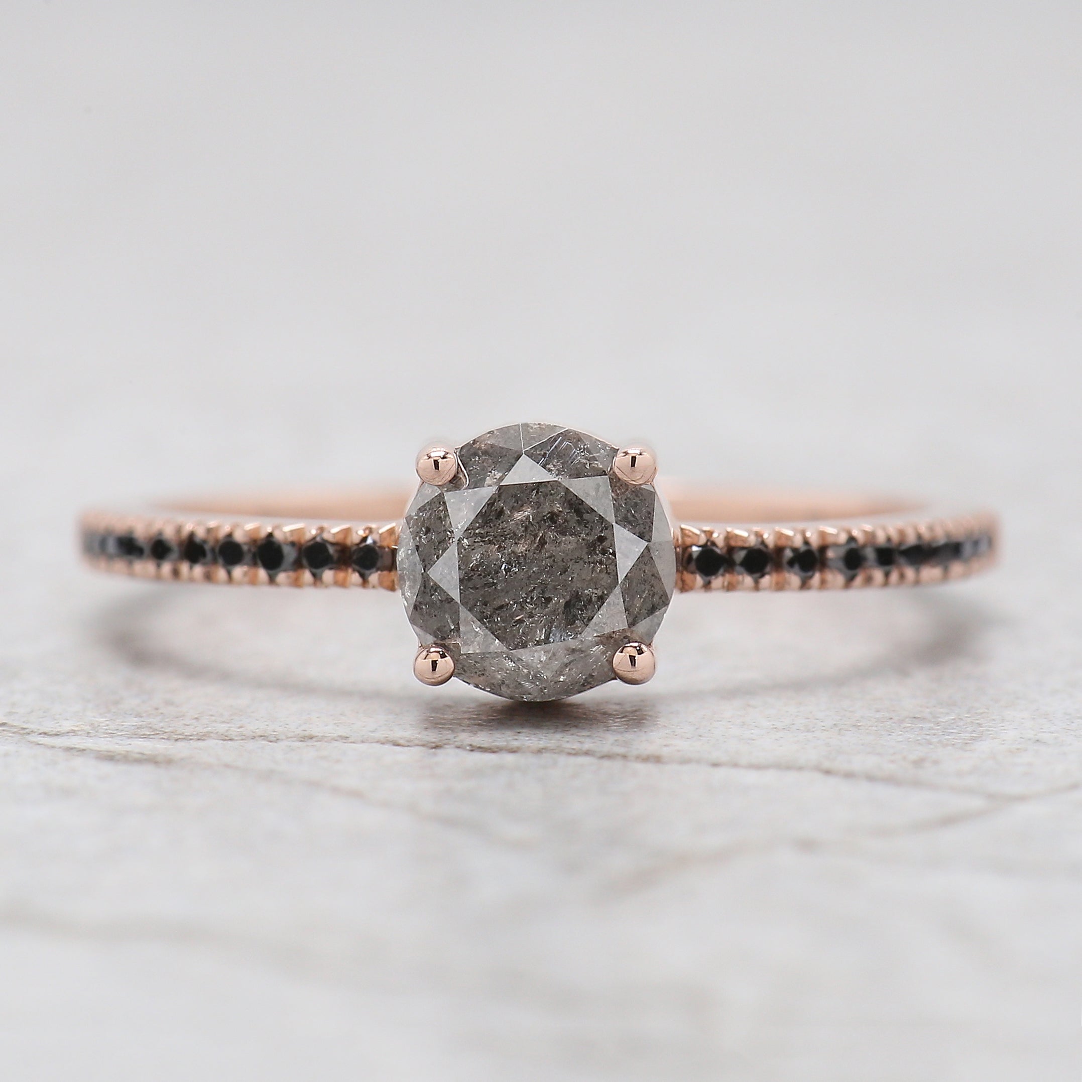 Round Cut Salt And Pepper Diamond Ring 0.87 Ct 5.80 MM Round Diamond Ring 14K Solid Rose Gold Silver Engagement Ring Gift For Her QN9140