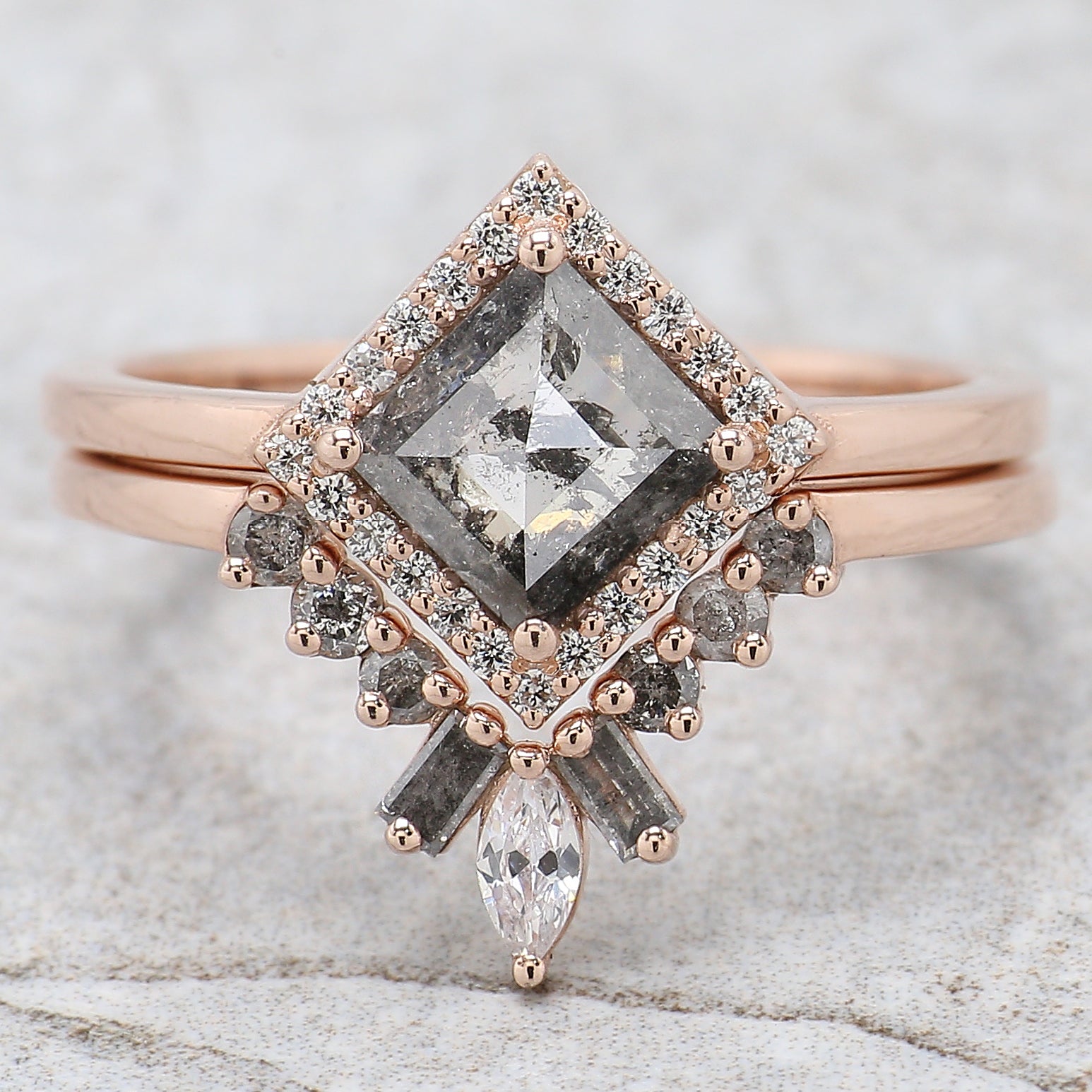 Kite Cut Salt And Pepper Diamond Ring 0.96 Ct 7.80 MM Kite Diamond Ring 14K Solid Rose Gold Silver Kite Engagement Ring Gift For Her QL221