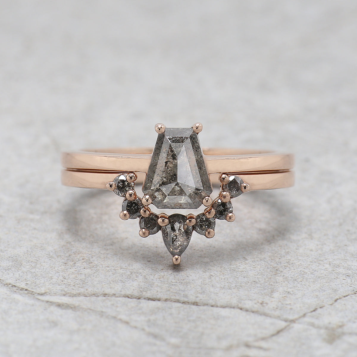 Coffin Shape Salt and Pepper Diamond Ring, 14K Rose Gold Coffin Engagement Ring, Bridal Ring Set, Unique Diamond Ring Gift for Her KDL3677