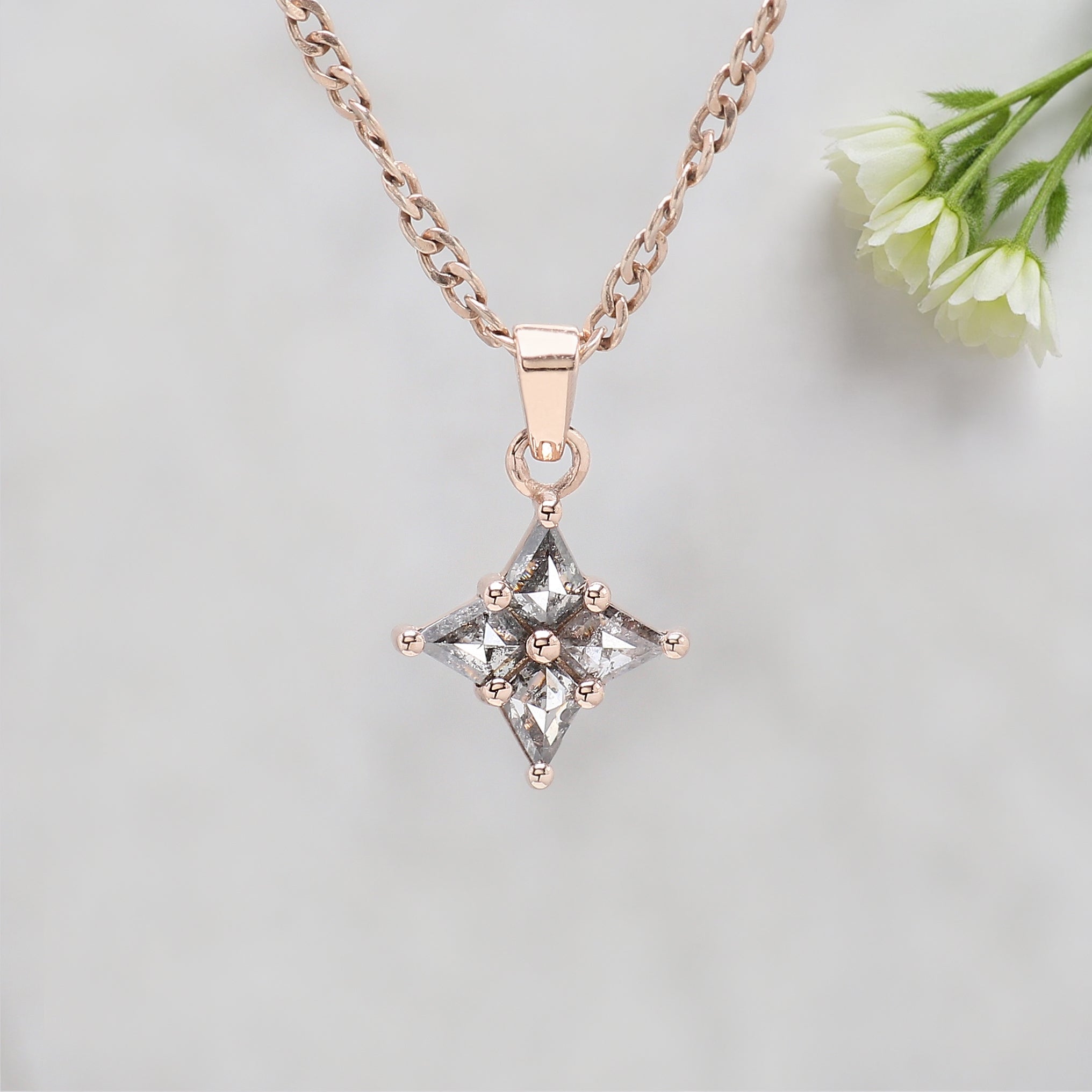 Kite Shape Salt and Pepper Diamond Pendant 0.27 Ct, 14K Solid Rose Gold Necklace, Rustic Diamond Engagement Pendant, Gift for Her KD1087