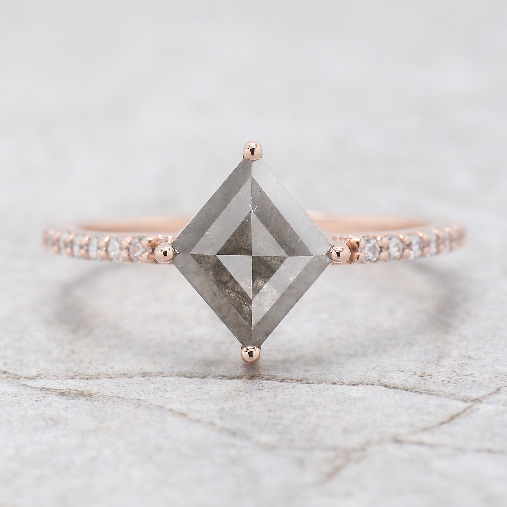 Kite Cut Salt And Pepper Diamond Ring 1.50 Ct 9.60 MM Kite Diamond Ring 14K Solid Rose Gold Silver Kite Engagement Ring Gift For Her QK2049