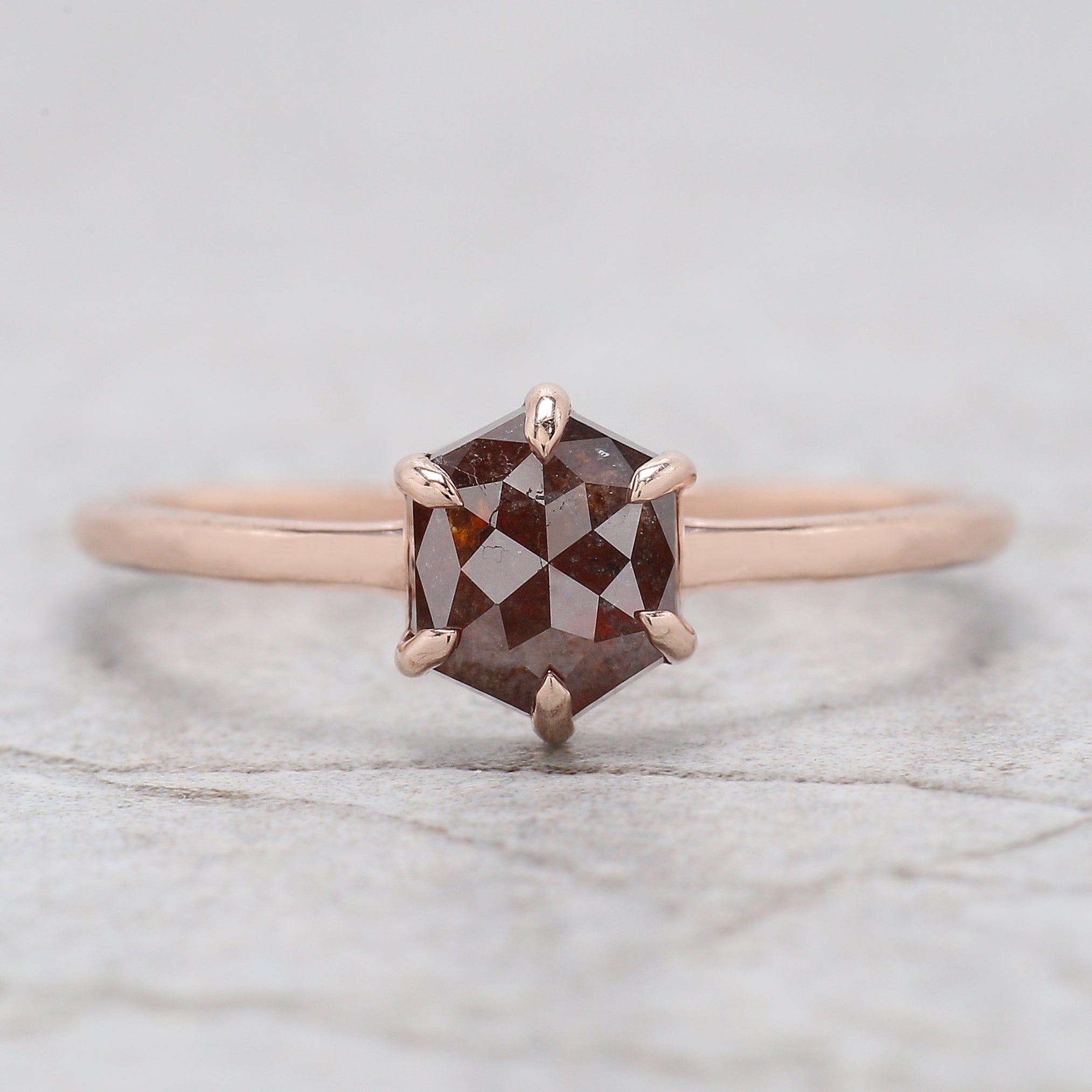 Hexagon Brown Color Diamond Ring 0.96 Ct 6.78 MM Hexagon Shape Diamond Ring 14K Solid Rose Gold Silver Engagement Ring Gift For Her QL2850
