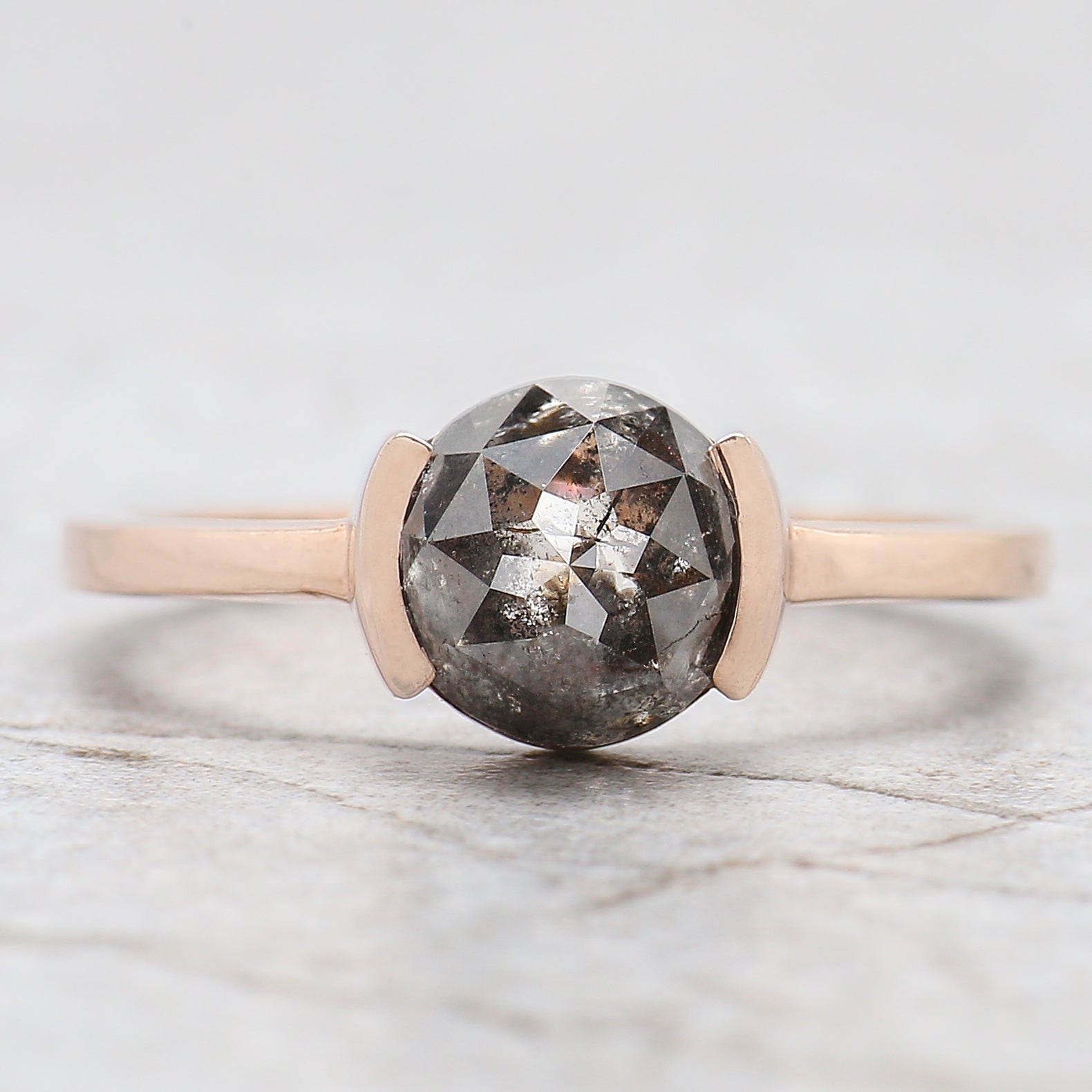 Round Rose Cut Salt And Pepper Diamond Ring 2.00 Ct 7.20 MM Round Cut Diamond Ring 14K Rose Gold Silver Engagement Ring Gift For Her QL674