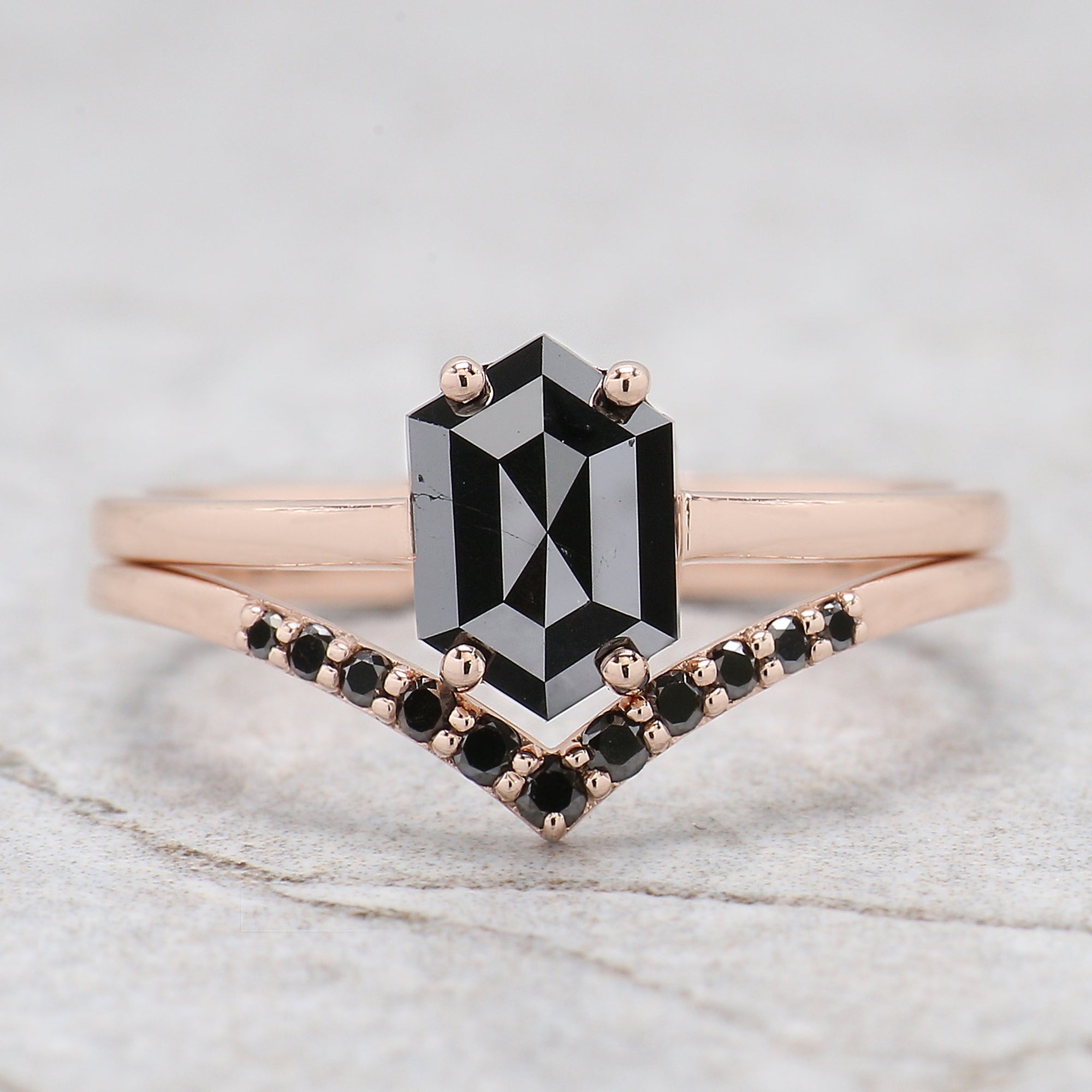 1.13 Ct Natural Hexagon Shape Black Color Diamond Ring 7.90 MM Hexagon Diamond Ring 14K Solid Rose Gold Silver Engagement Ring QL9082